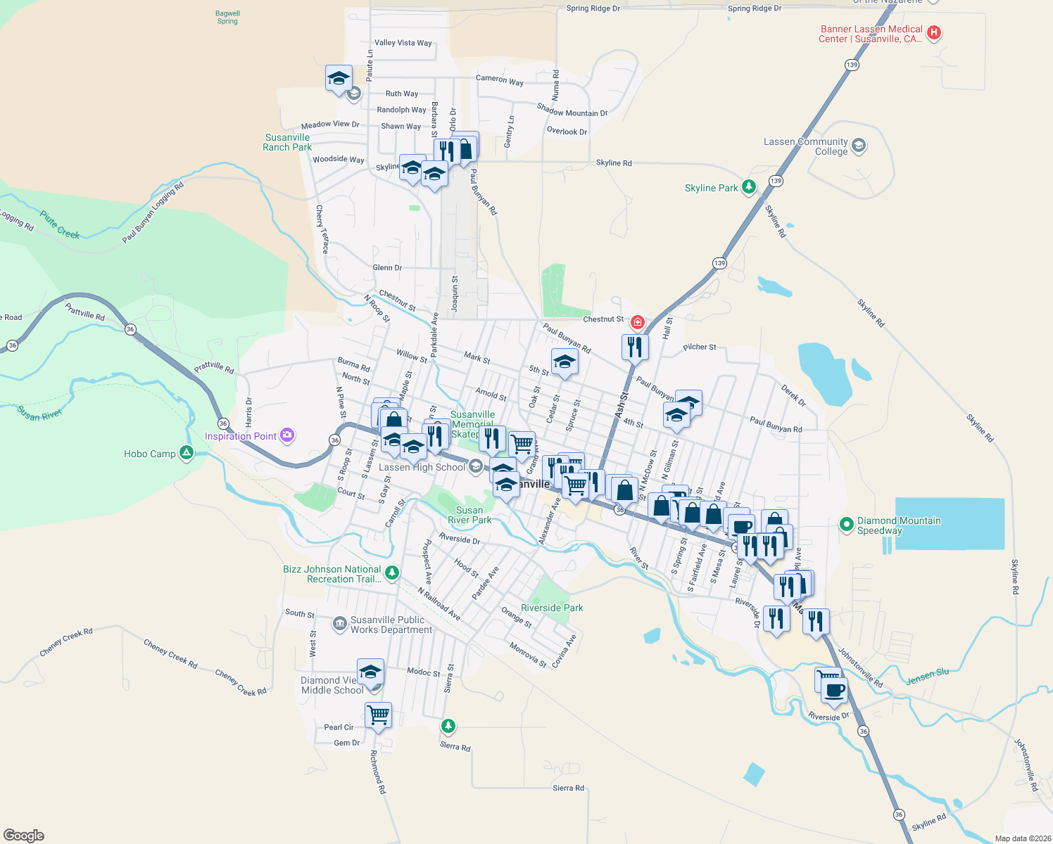 map of restaurants, bars, coffee shops, grocery stores, and more near 249 Grand Avenue in Susanville