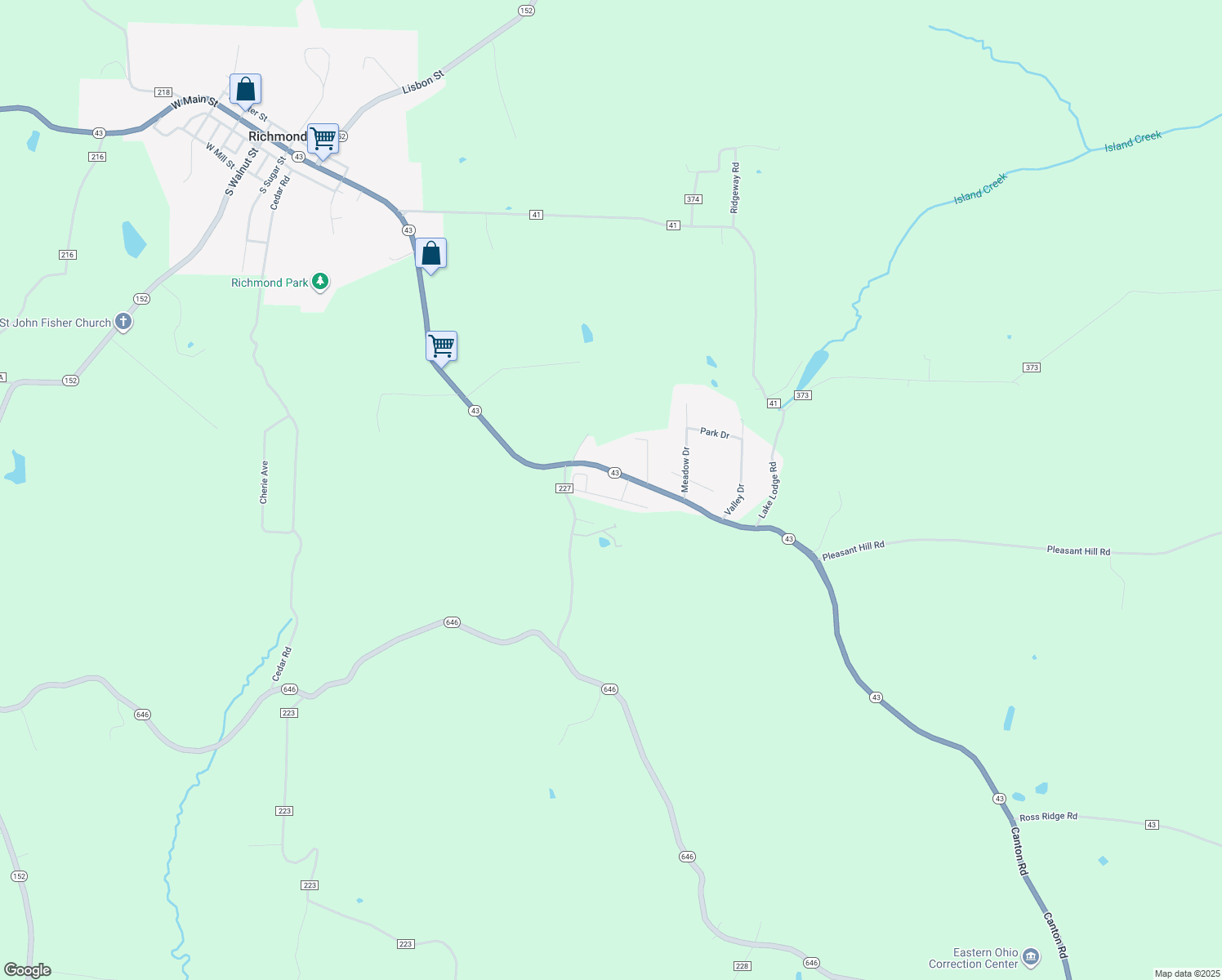 map of restaurants, bars, coffee shops, grocery stores, and more near 1588 Ohio 43 in Richmond