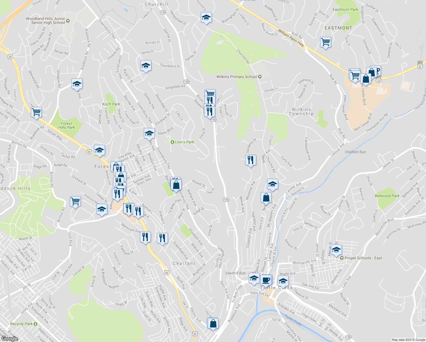 map of restaurants, bars, coffee shops, grocery stores, and more near 567 Brown Avenue in Turtle Creek