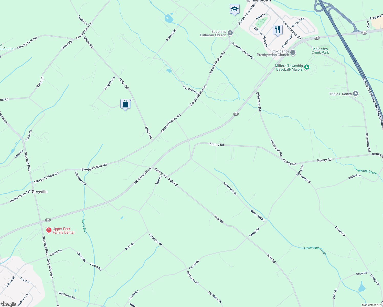 map of restaurants, bars, coffee shops, grocery stores, and more near 1905 Klines Mill Road in Quakertown