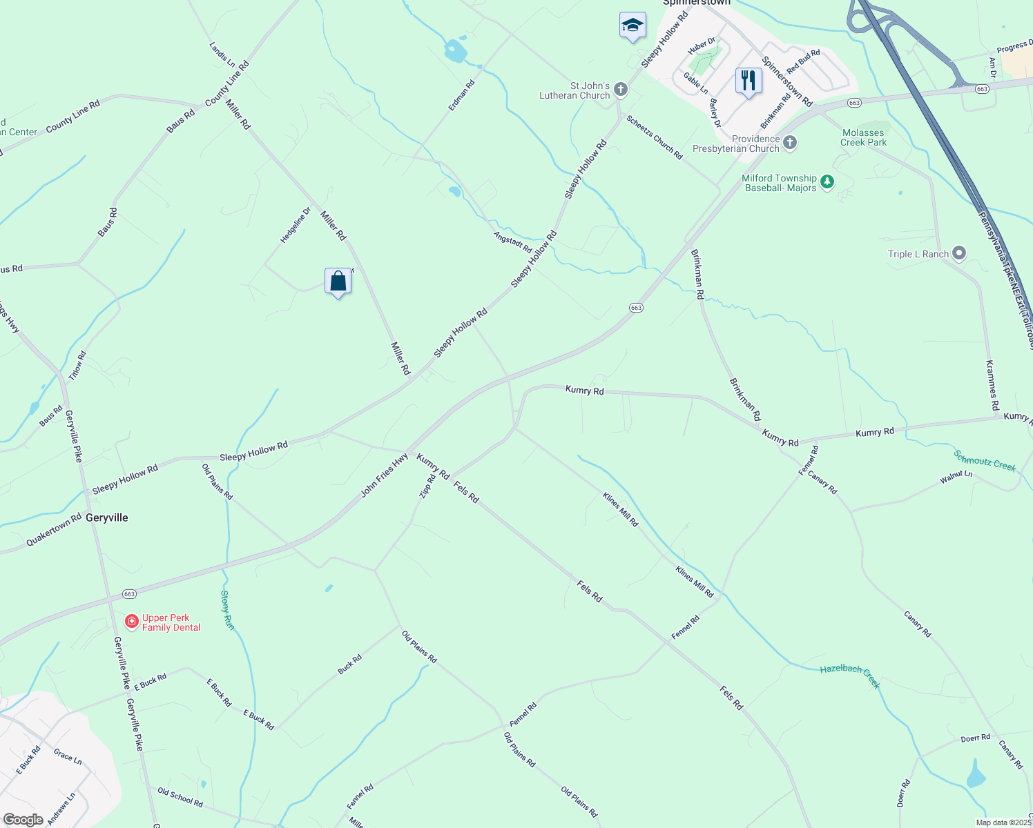map of restaurants, bars, coffee shops, grocery stores, and more near 1905 Klines Mill Road in Quakertown