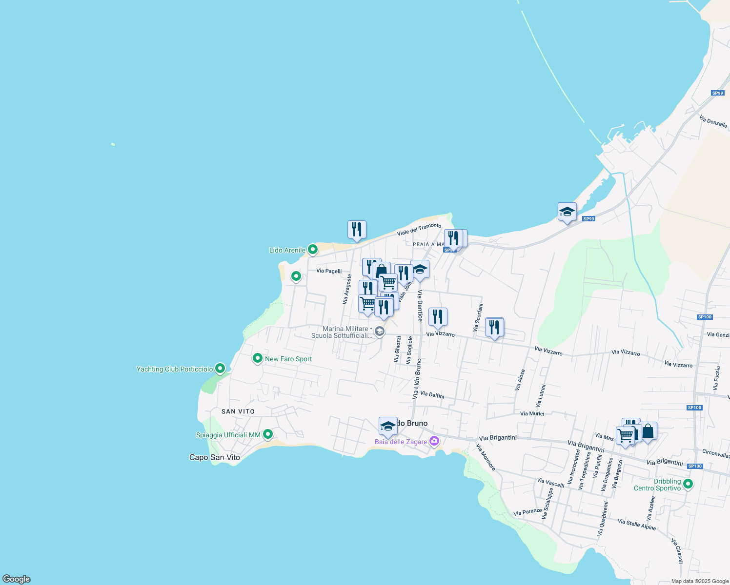 map of restaurants, bars, coffee shops, grocery stores, and more near 6 Via Suri in Taranto