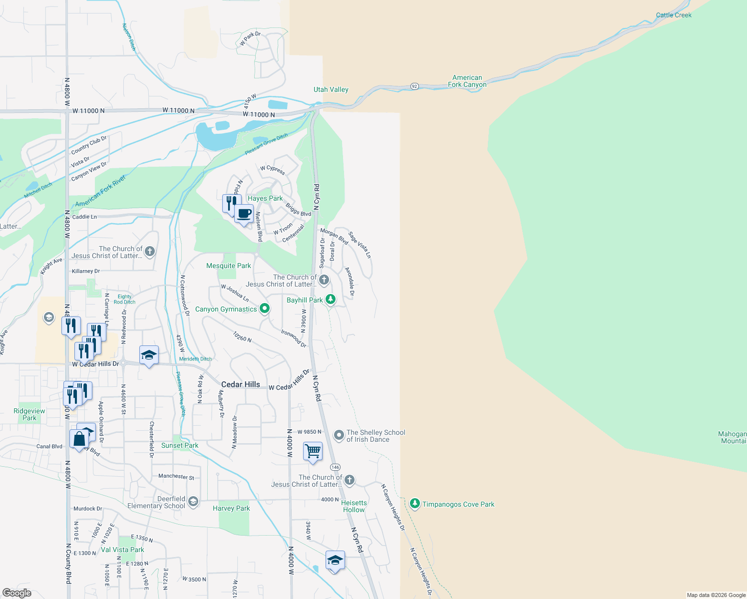 map of restaurants, bars, coffee shops, grocery stores, and more near 10331 Morgan Boulevard in Cedar Hills