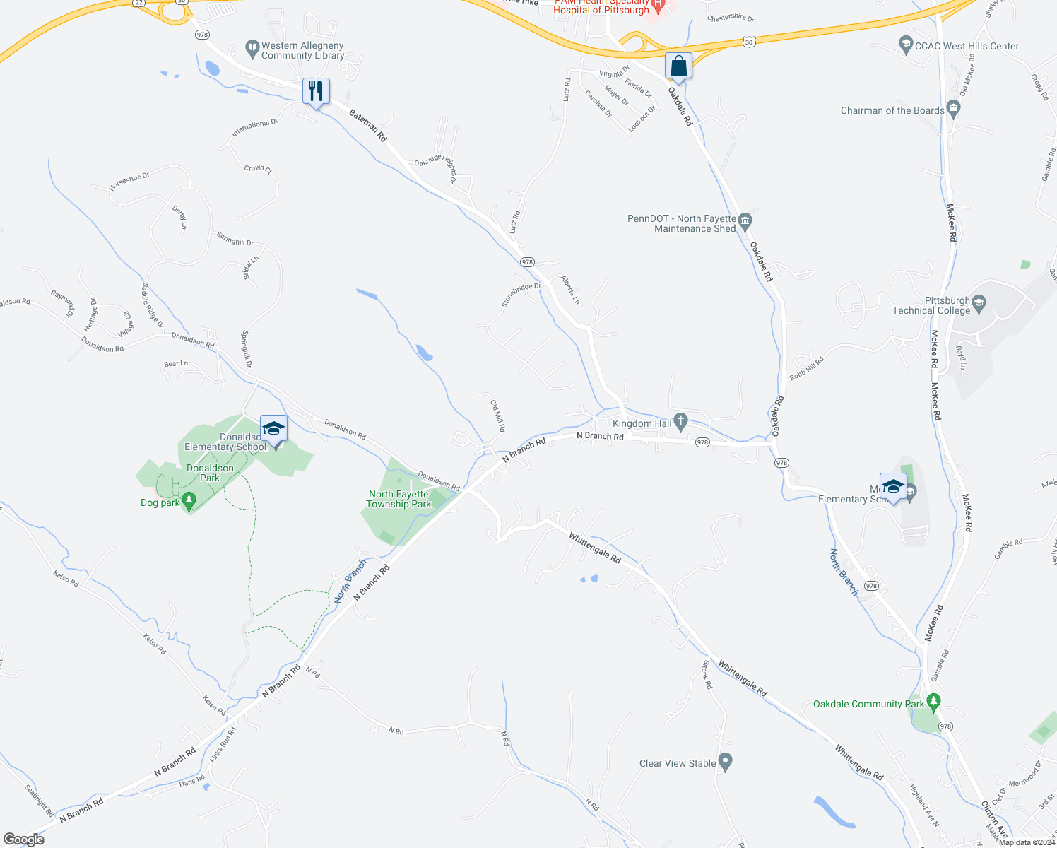 map of restaurants, bars, coffee shops, grocery stores, and more near 200 Rolling Road in Oakdale