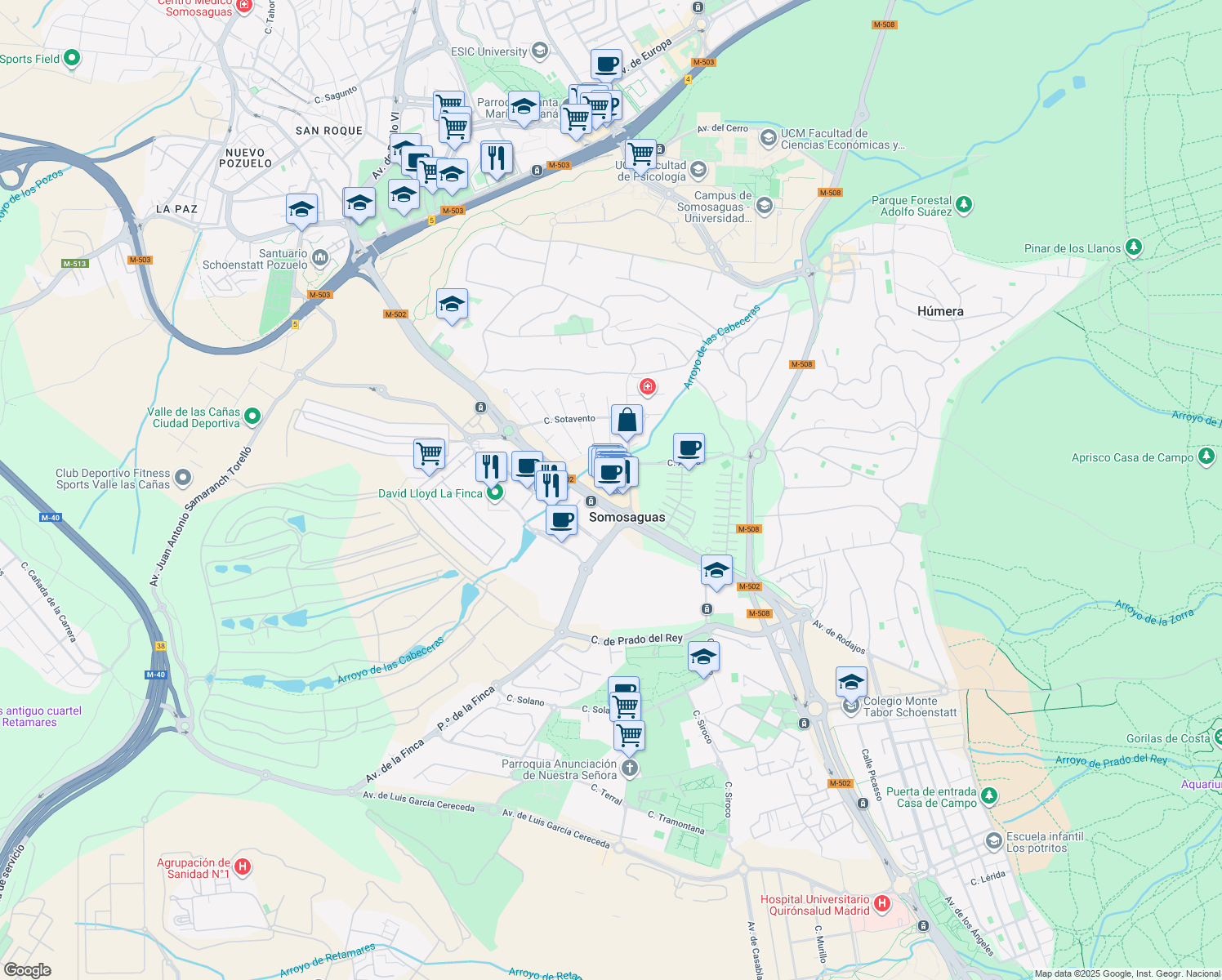 map of restaurants, bars, coffee shops, grocery stores, and more near 508 Carretera de Carabanchel a Aravaca in Pozuelo de Alarcón