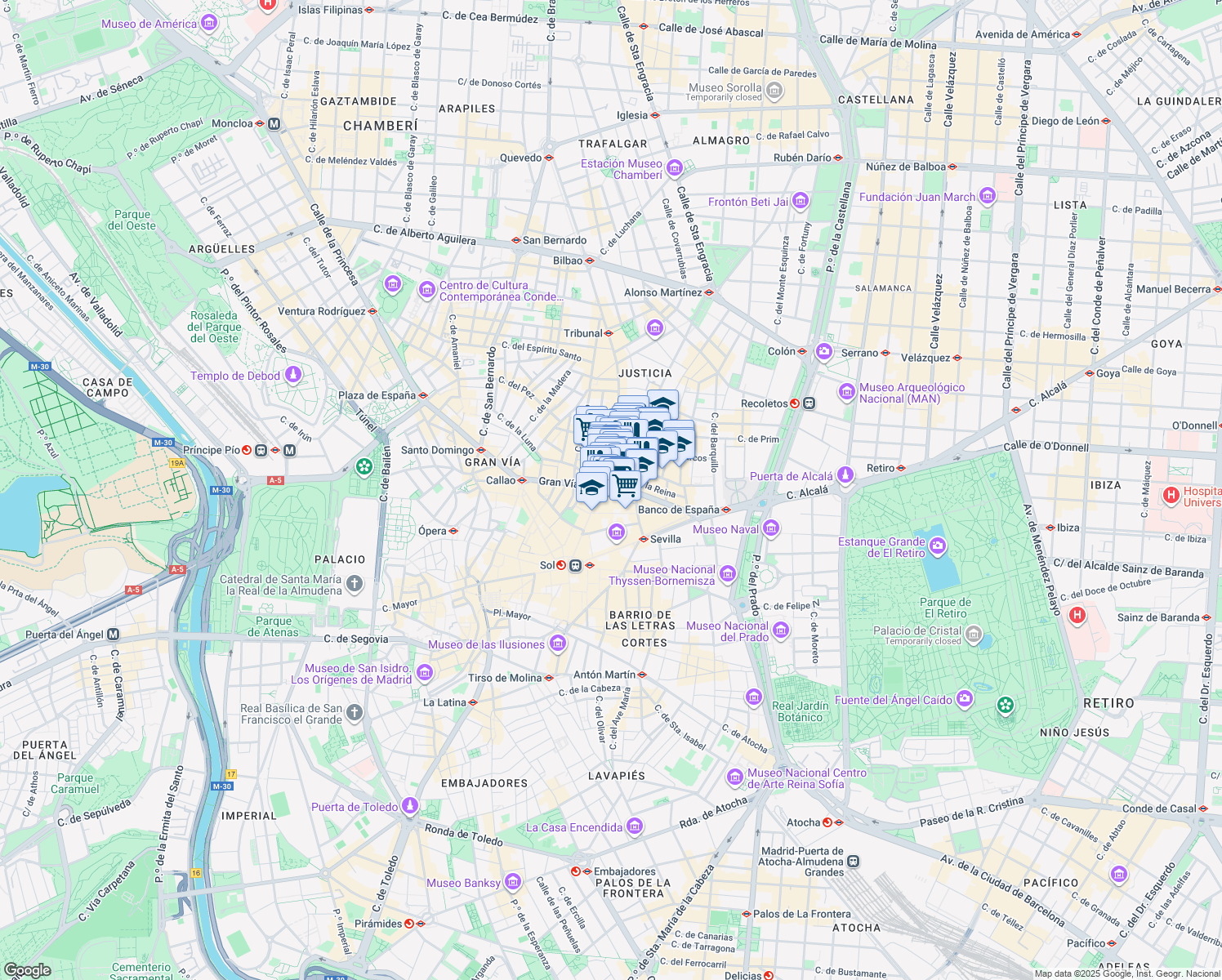 map of restaurants, bars, coffee shops, grocery stores, and more near 21 Calle Gran Vía in Madrid