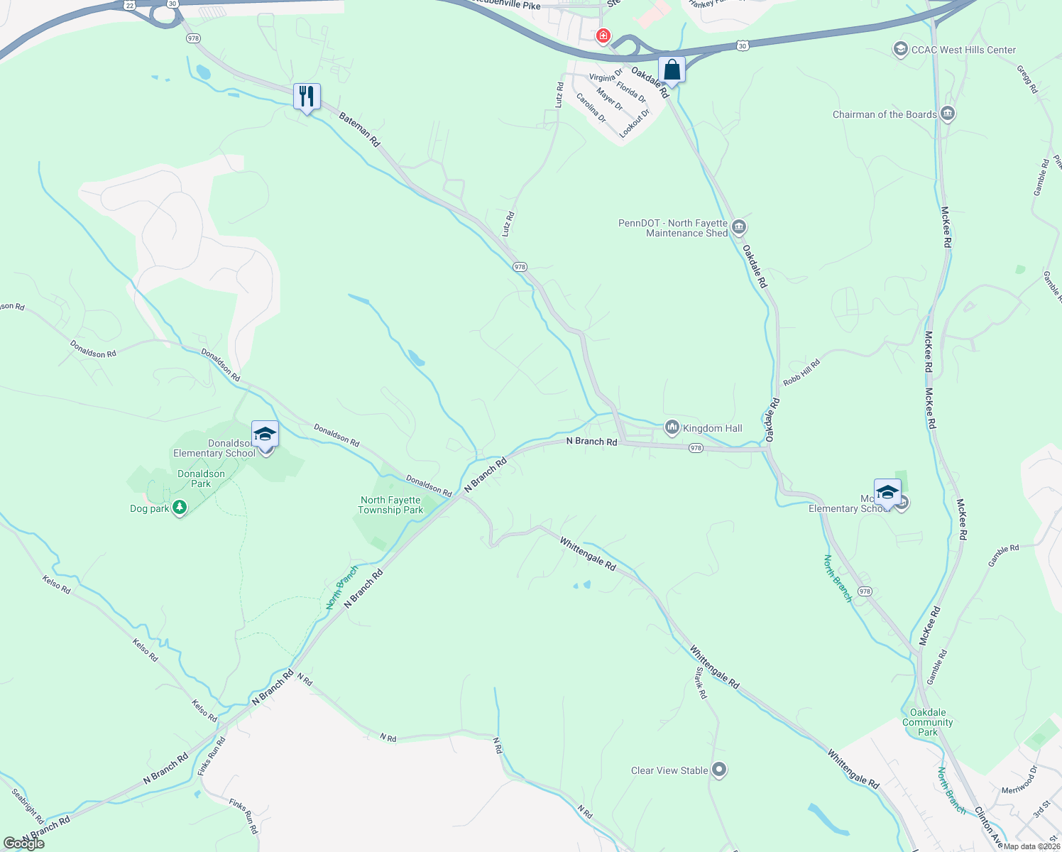 map of restaurants, bars, coffee shops, grocery stores, and more near 300 Old Mill Road in Oakdale