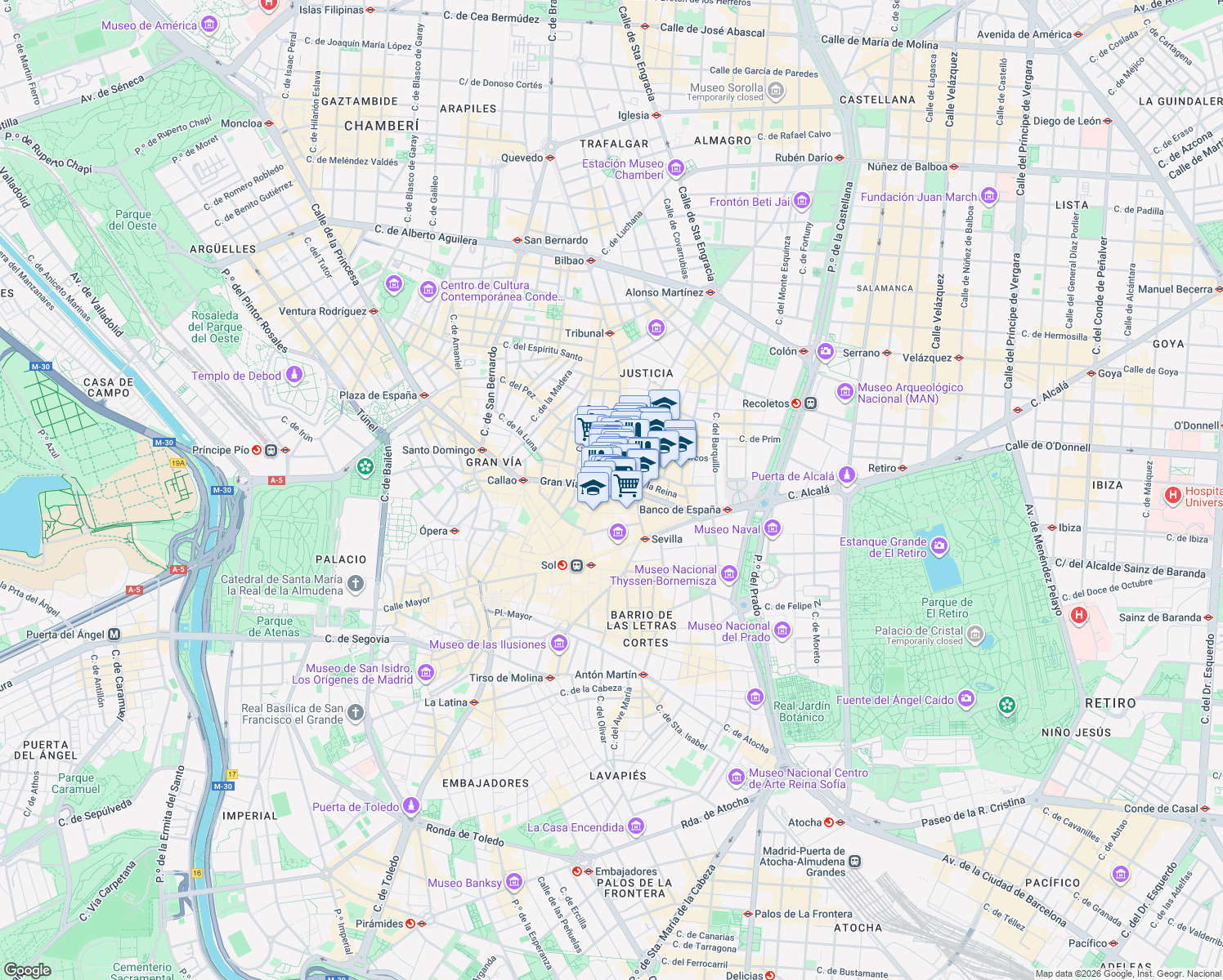 map of restaurants, bars, coffee shops, grocery stores, and more near 21 Calle Gran Vía in Madrid