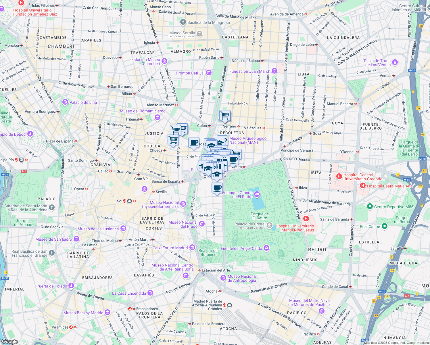 map of restaurants, bars, coffee shops, grocery stores, and more near 65 Calle de Alcalá in Madrid