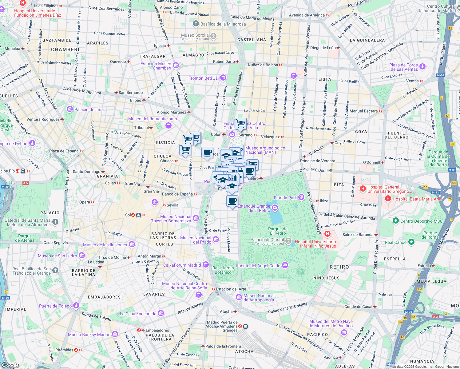 map of restaurants, bars, coffee shops, grocery stores, and more near 65 Calle de Alcalá in Madrid