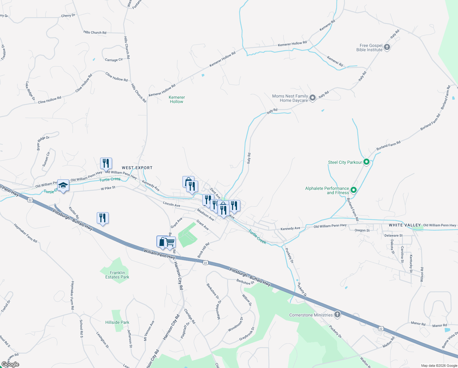 map of restaurants, bars, coffee shops, grocery stores, and more near 5920 Lee Ave in Export