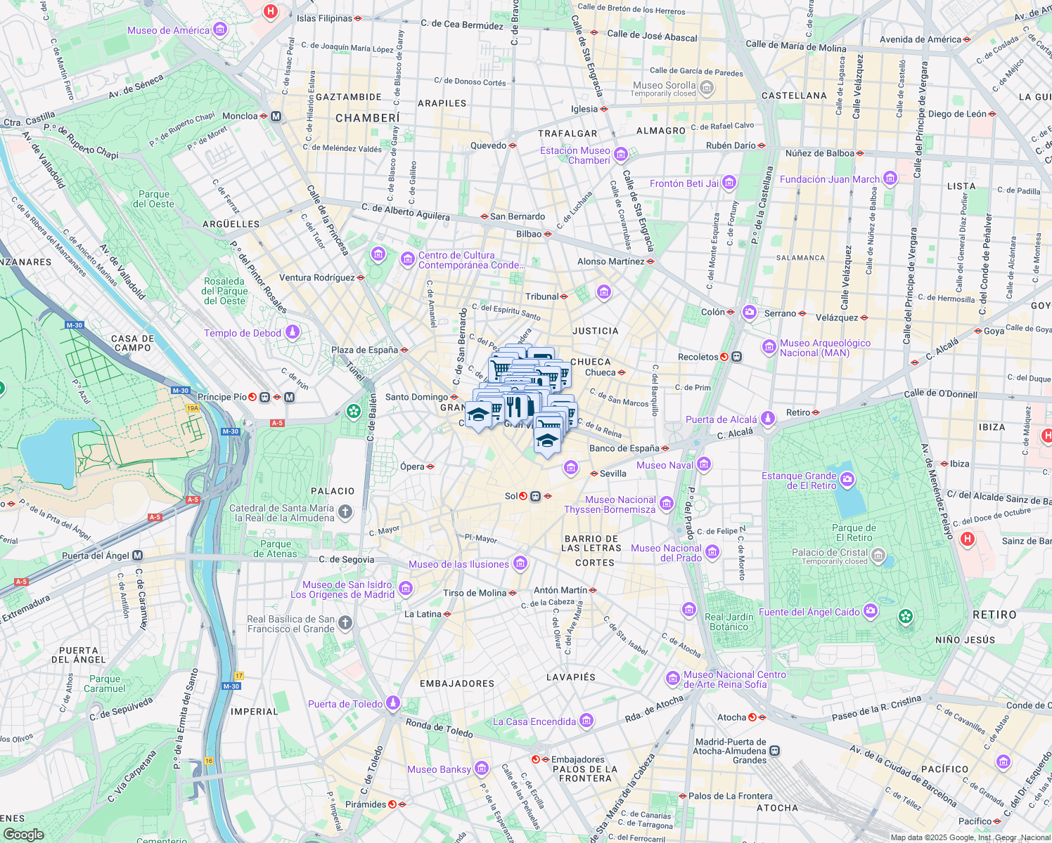 map of restaurants, bars, coffee shops, grocery stores, and more near 32 Gran Vía in Madrid