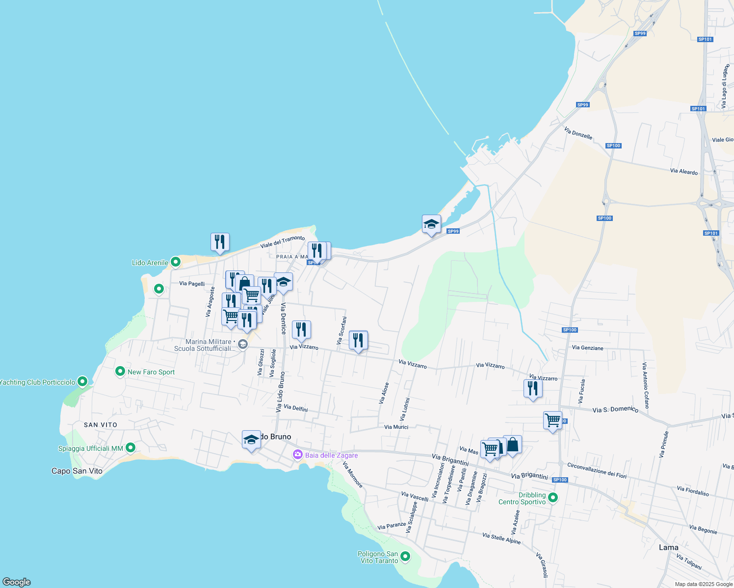 map of restaurants, bars, coffee shops, grocery stores, and more near 2A Via Anguille in Taranto