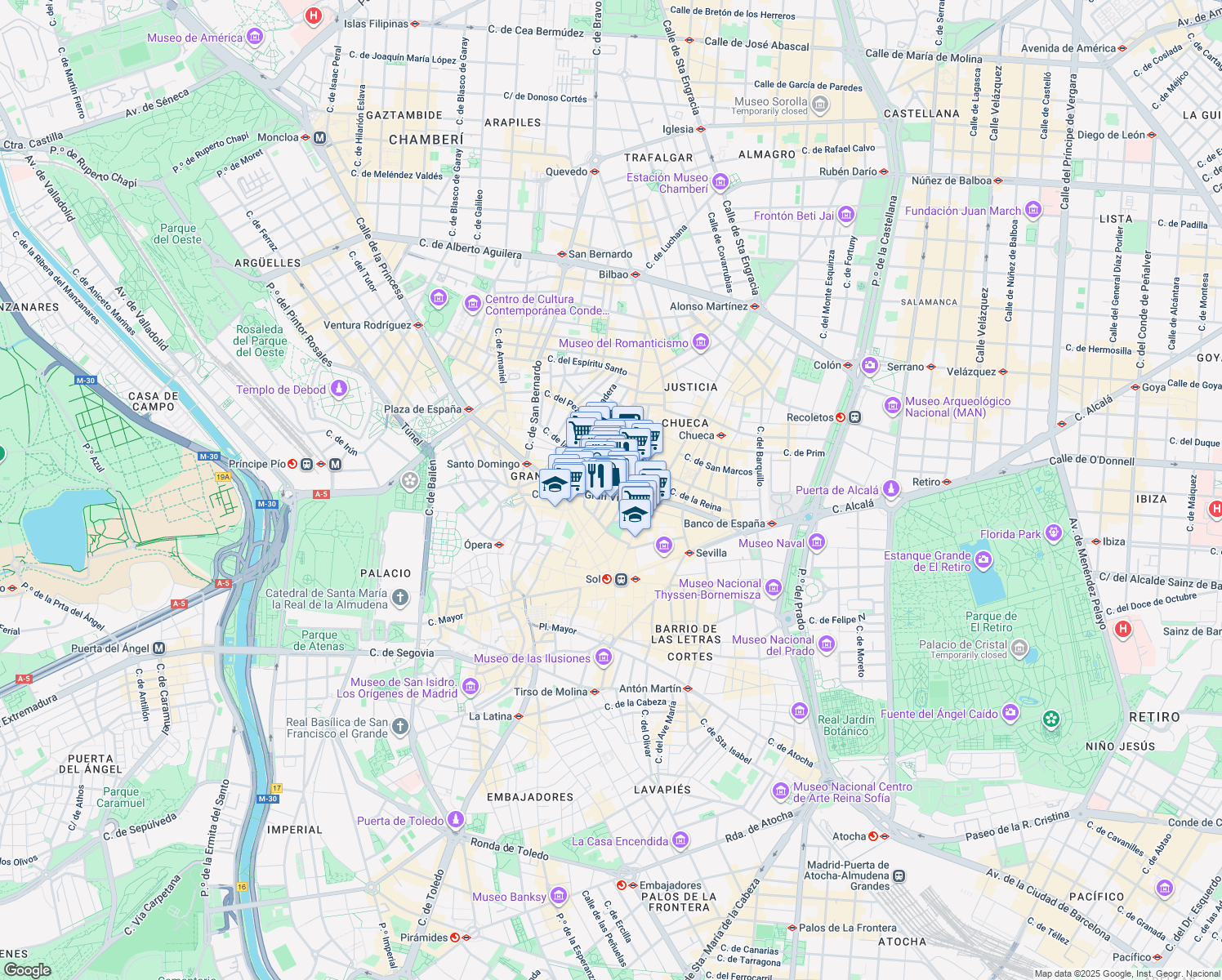 map of restaurants, bars, coffee shops, grocery stores, and more near 32 Gran Vía in Madrid