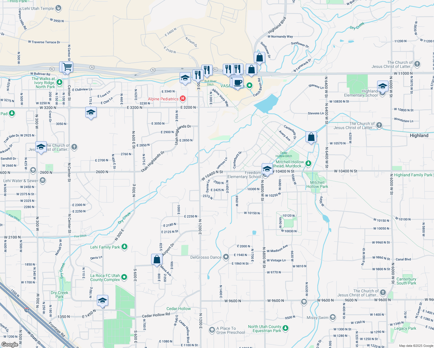 map of restaurants, bars, coffee shops, grocery stores, and more near 1363 Damie Ln in Lehi