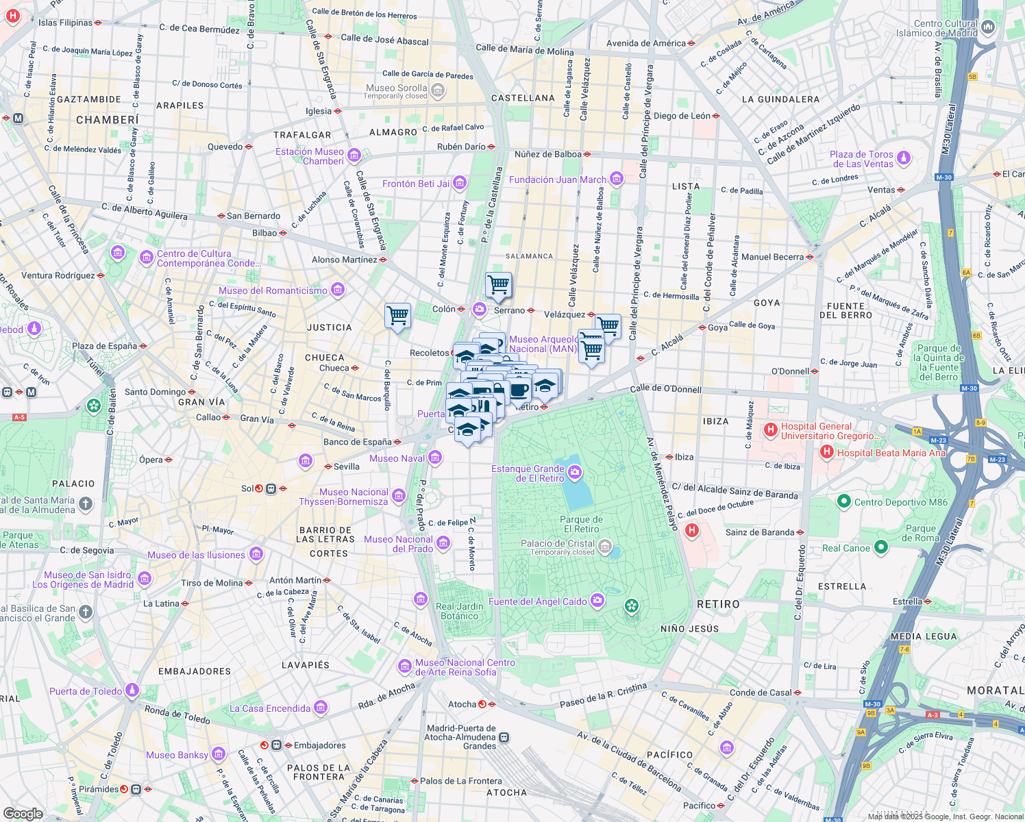 map of restaurants, bars, coffee shops, grocery stores, and more near 6 Plaza de la Independencia in Madrid