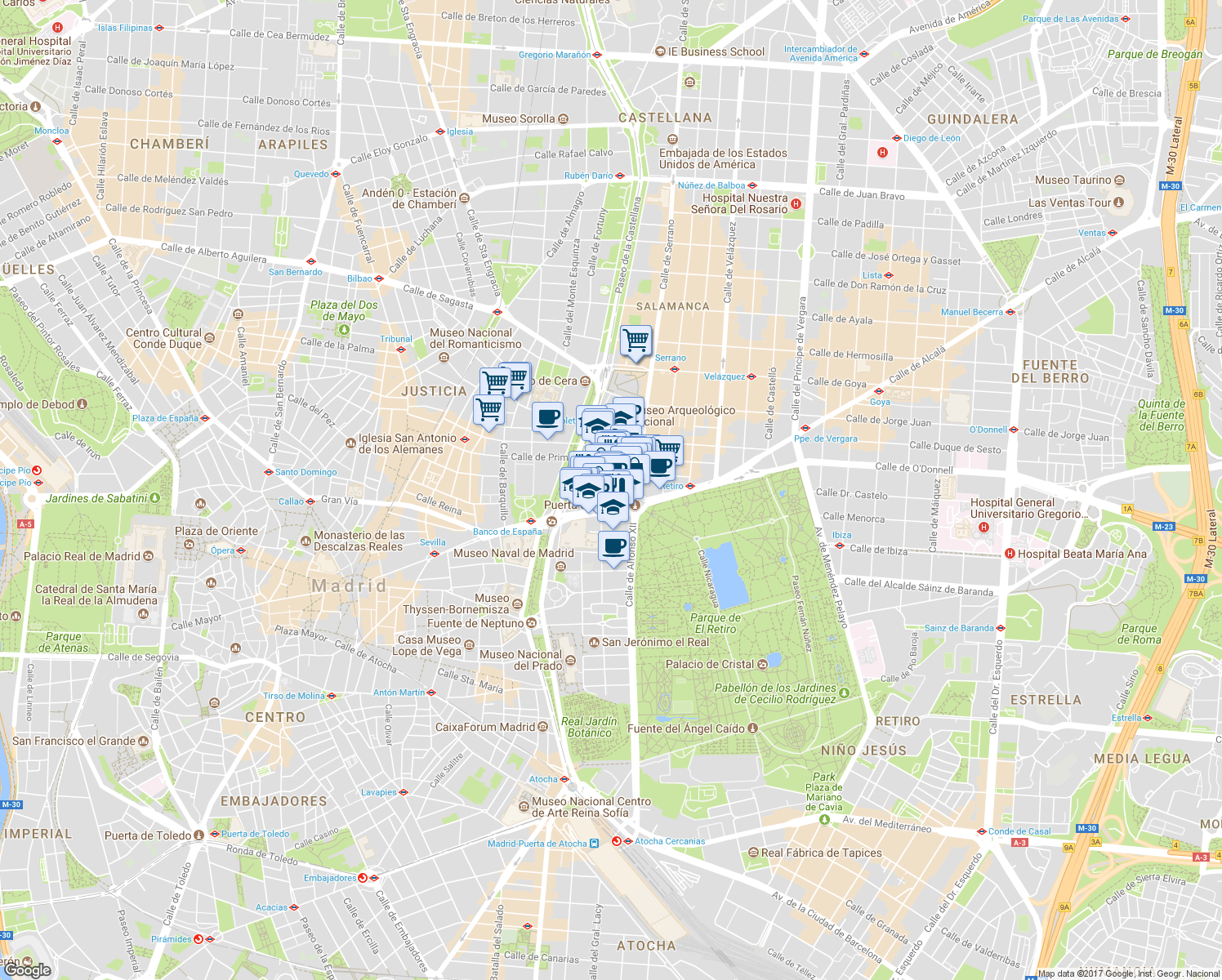 map of restaurants, bars, coffee shops, grocery stores, and more near 9 Calle Salustiano Olózaga in Madrid