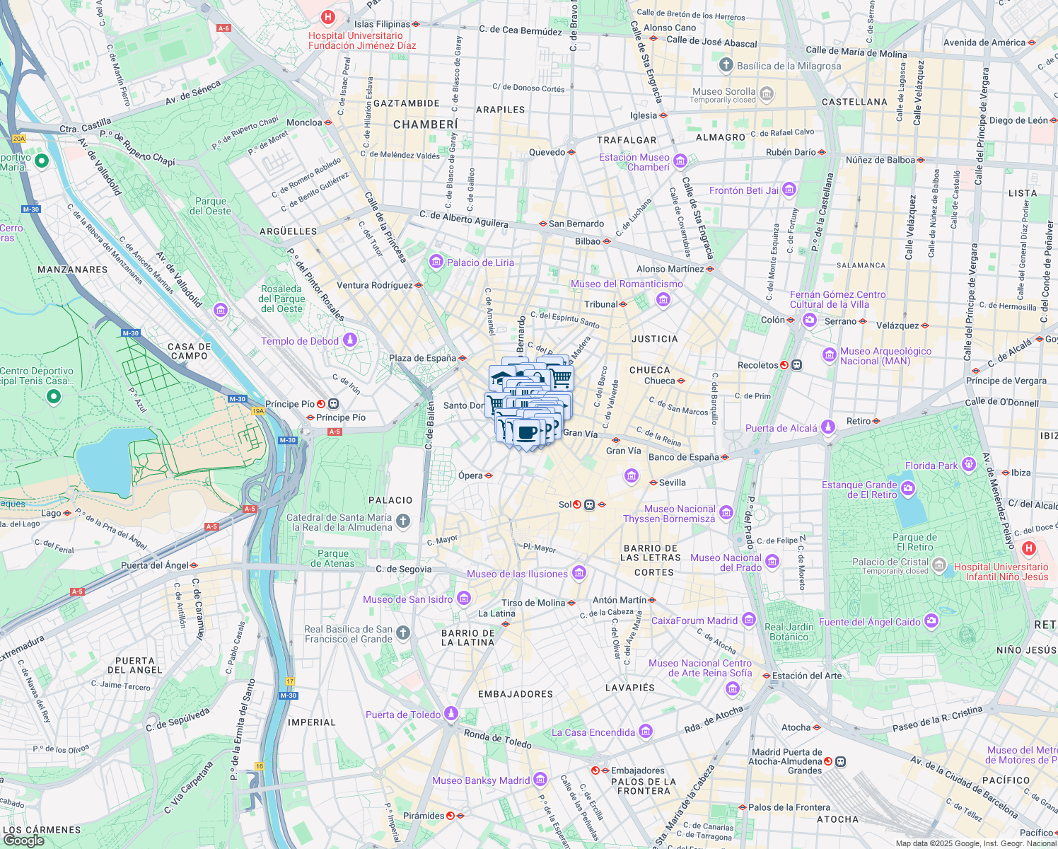 map of restaurants, bars, coffee shops, grocery stores, and more near 43 Gran Vía in Madrid
