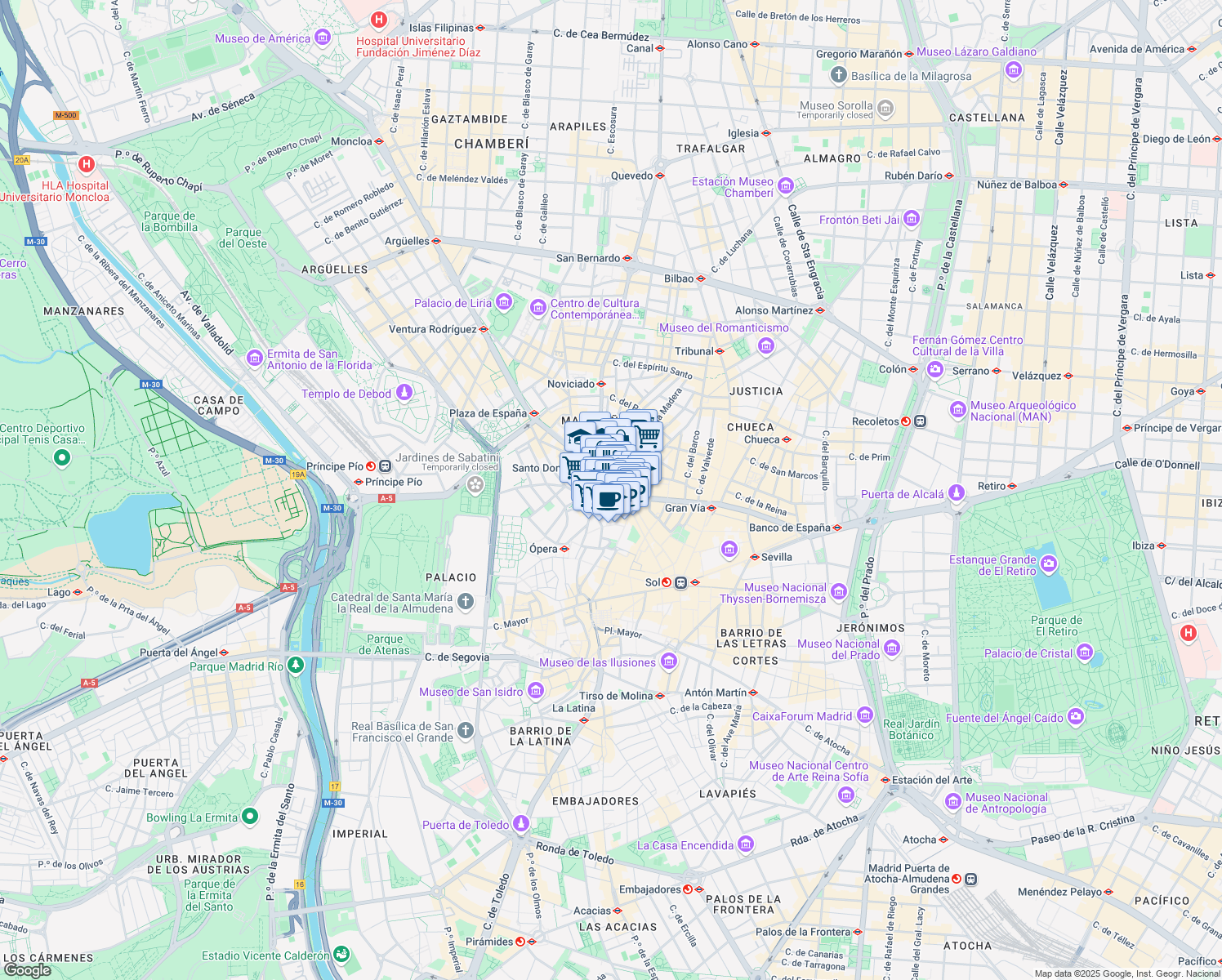 map of restaurants, bars, coffee shops, grocery stores, and more near 43 Gran Vía in Madrid
