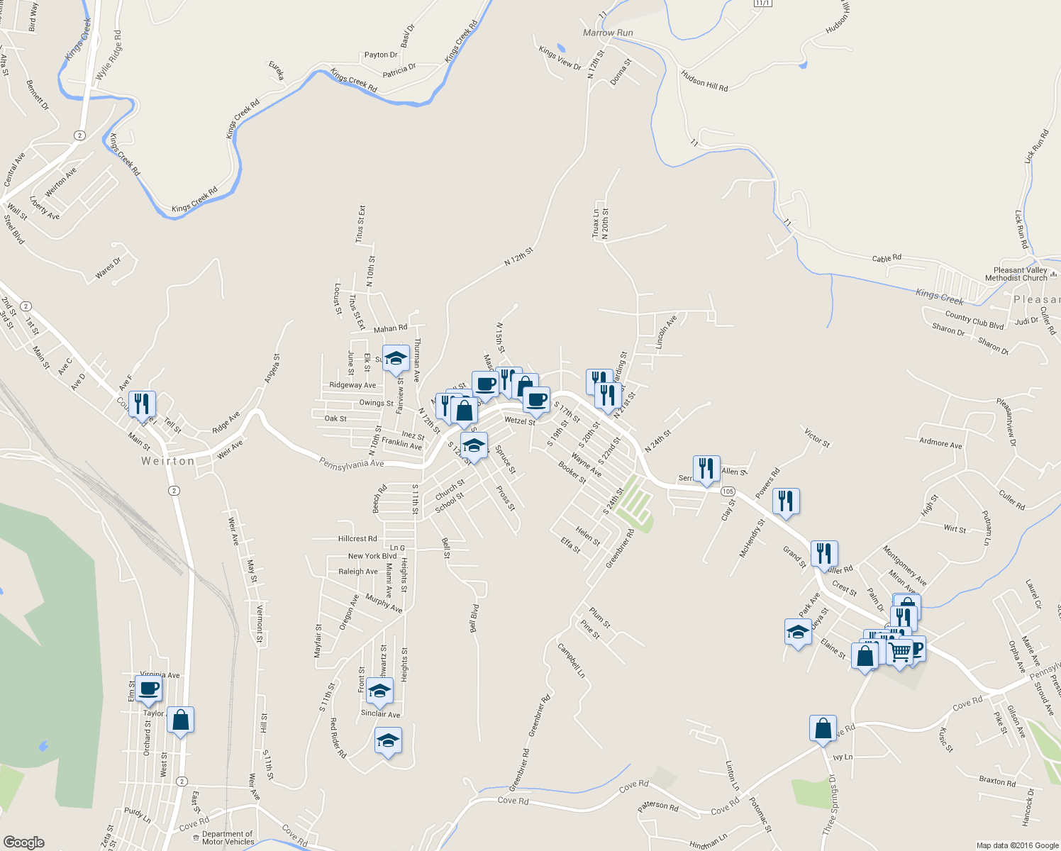 map of restaurants, bars, coffee shops, grocery stores, and more near 220 Wetzel Street in Weirton