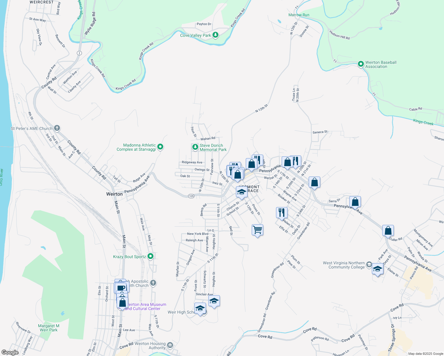 map of restaurants, bars, coffee shops, grocery stores, and more near 250 Owings St in Weirton