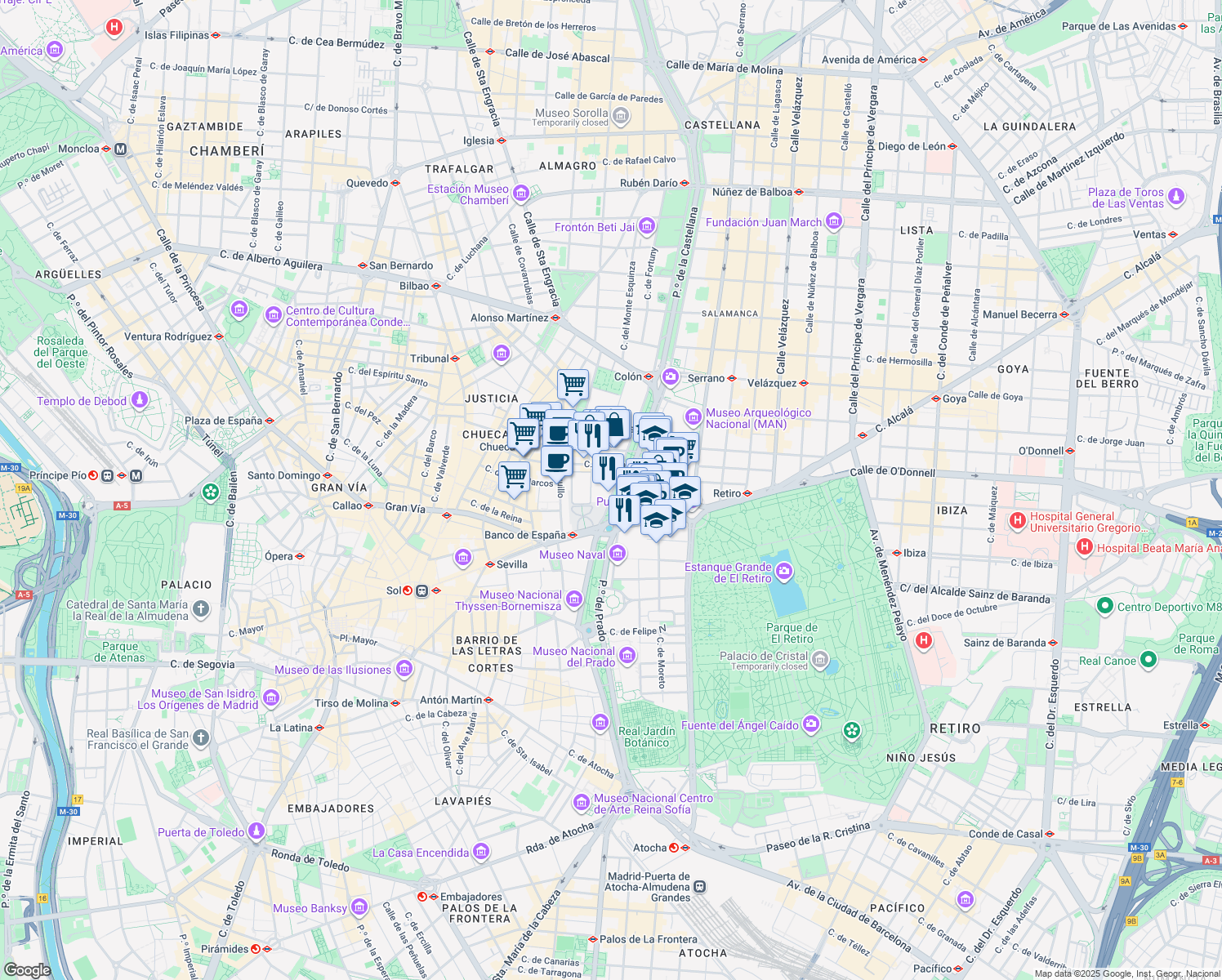 map of restaurants, bars, coffee shops, grocery stores, and more near 7 Paseo de Recoletos in Madrid