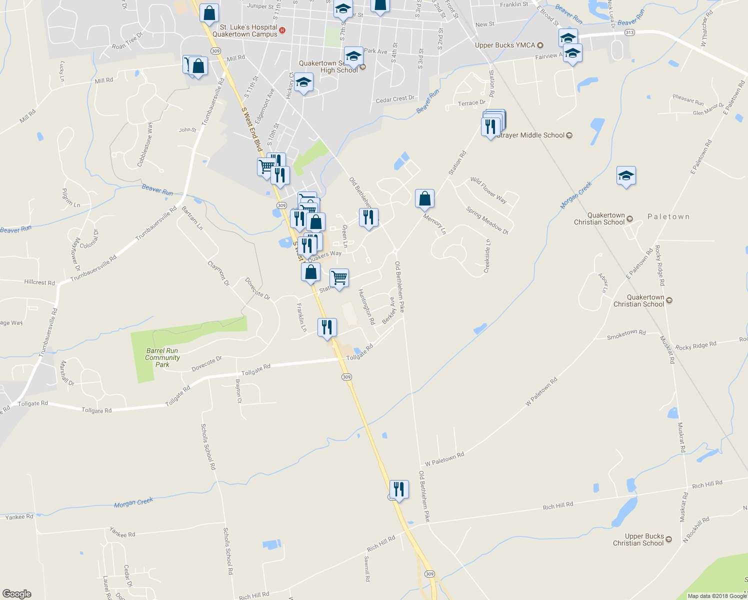 map of restaurants, bars, coffee shops, grocery stores, and more near 1181 Berkley Avenue in Quakertown
