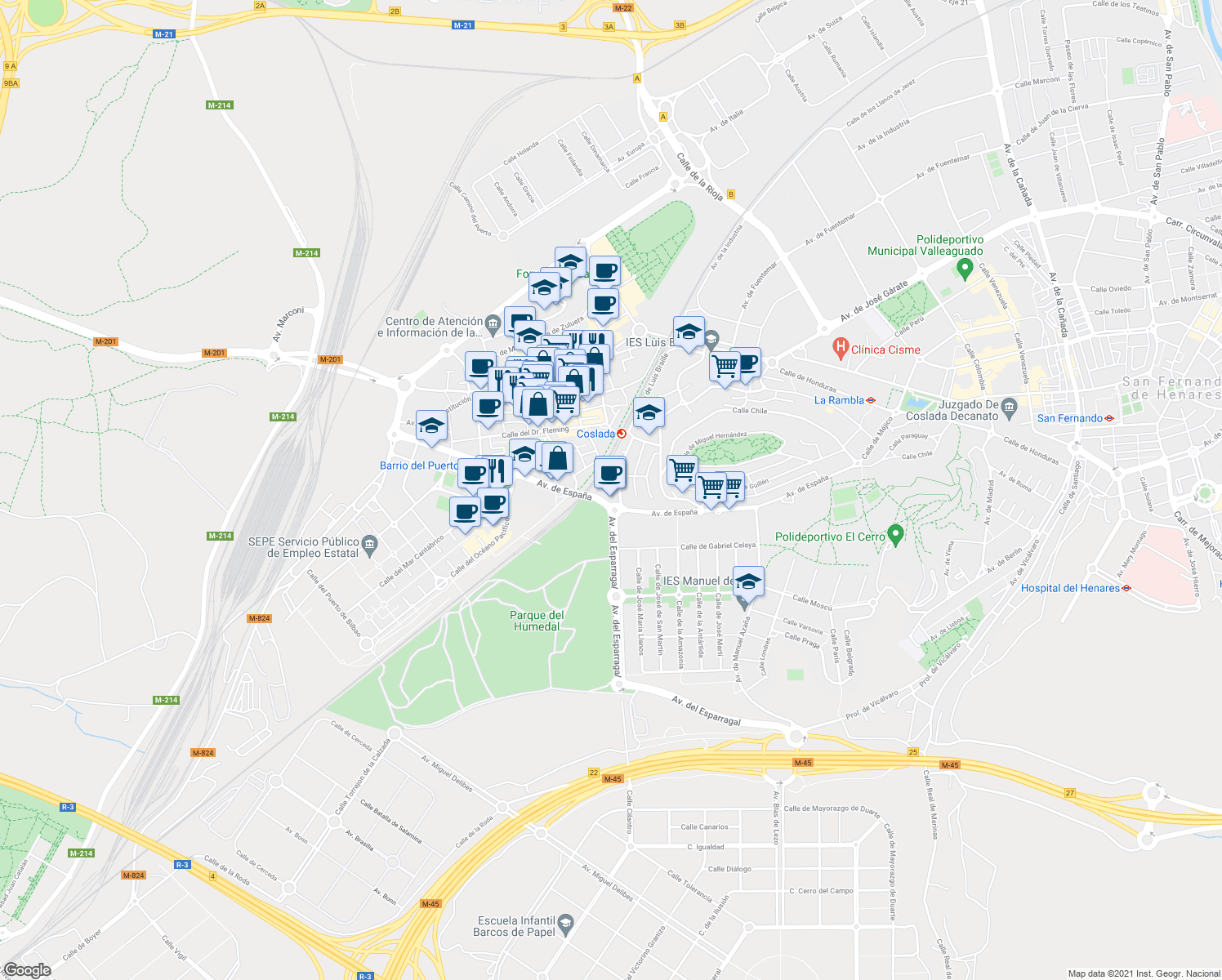 map of restaurants, bars, coffee shops, grocery stores, and more near 23 Avenida de España in Coslada