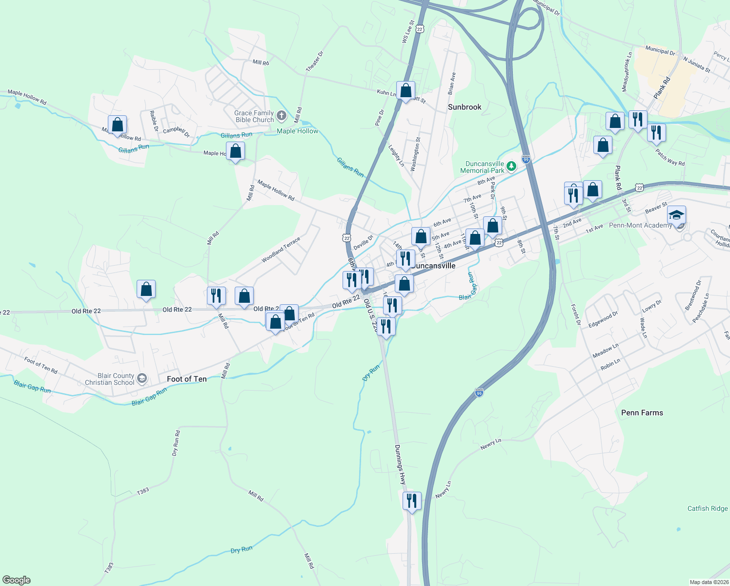 map of restaurants, bars, coffee shops, grocery stores, and more near U.S. 22 in Duncansville