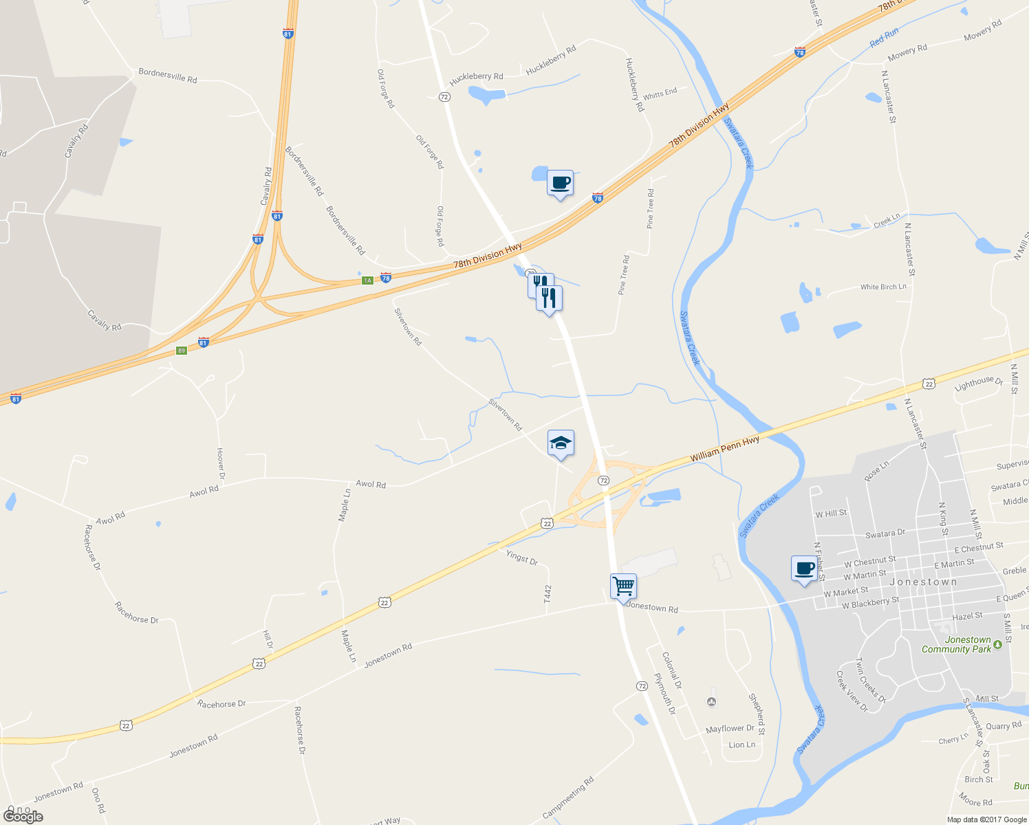 map of restaurants, bars, coffee shops, grocery stores, and more near 68 Silvertown Road in Jonestown