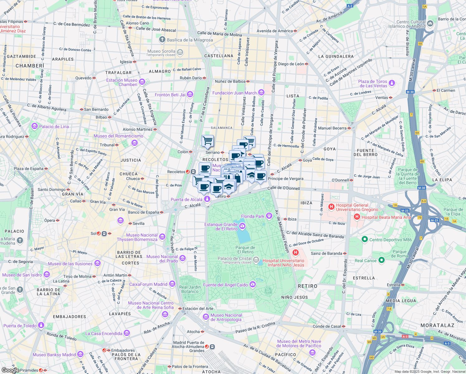 map of restaurants, bars, coffee shops, grocery stores, and more near 21 Calle del Conde de Aranda in Madrid