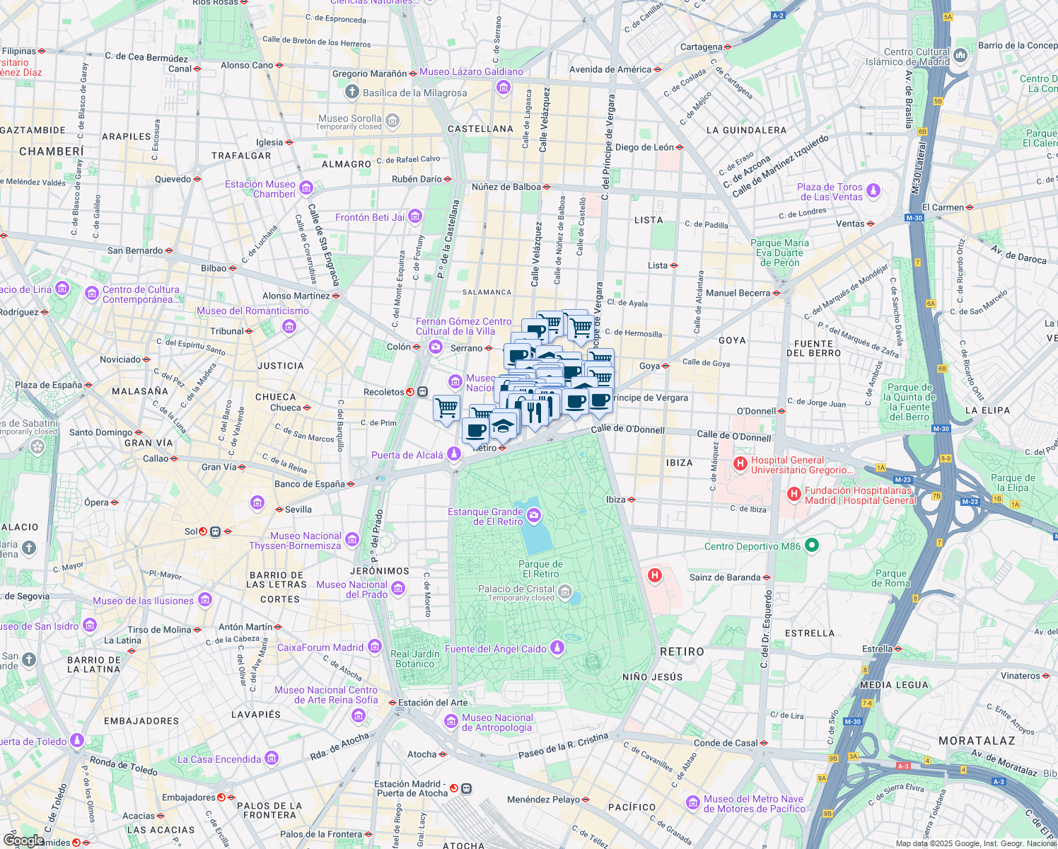 map of restaurants, bars, coffee shops, grocery stores, and more near 94 Calle de Velázquez in Madrid