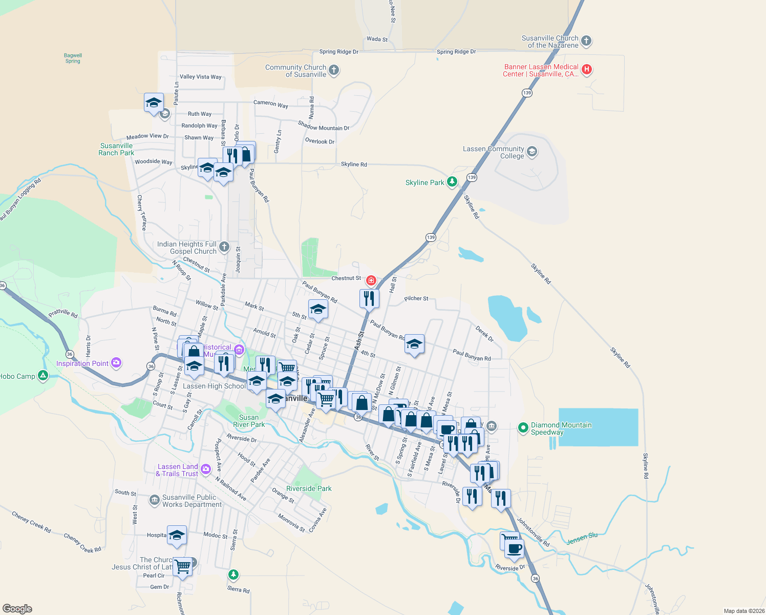 map of restaurants, bars, coffee shops, grocery stores, and more near 710 Hall Street in Susanville