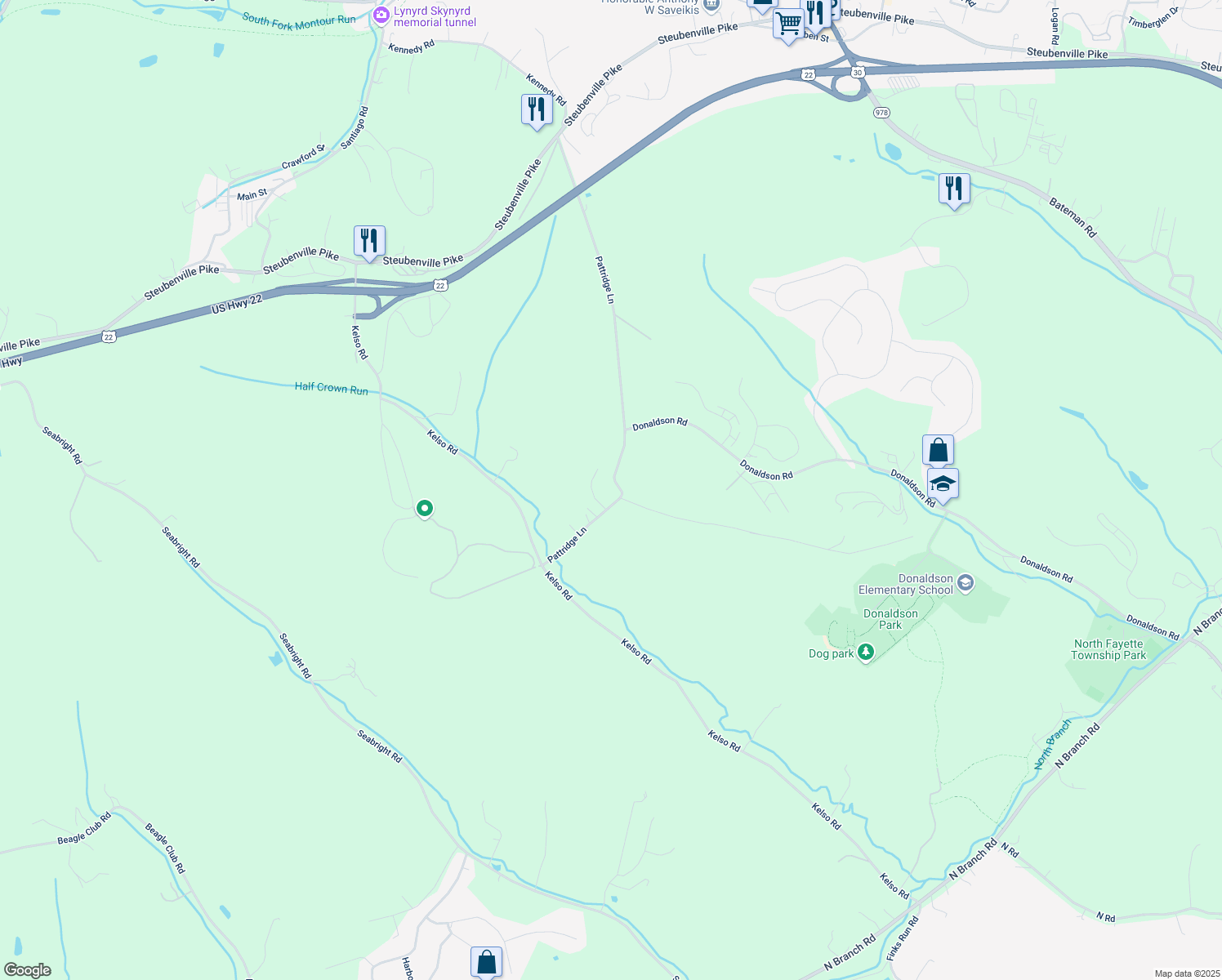 map of restaurants, bars, coffee shops, grocery stores, and more near 160 Pattridge Lane in McDonald