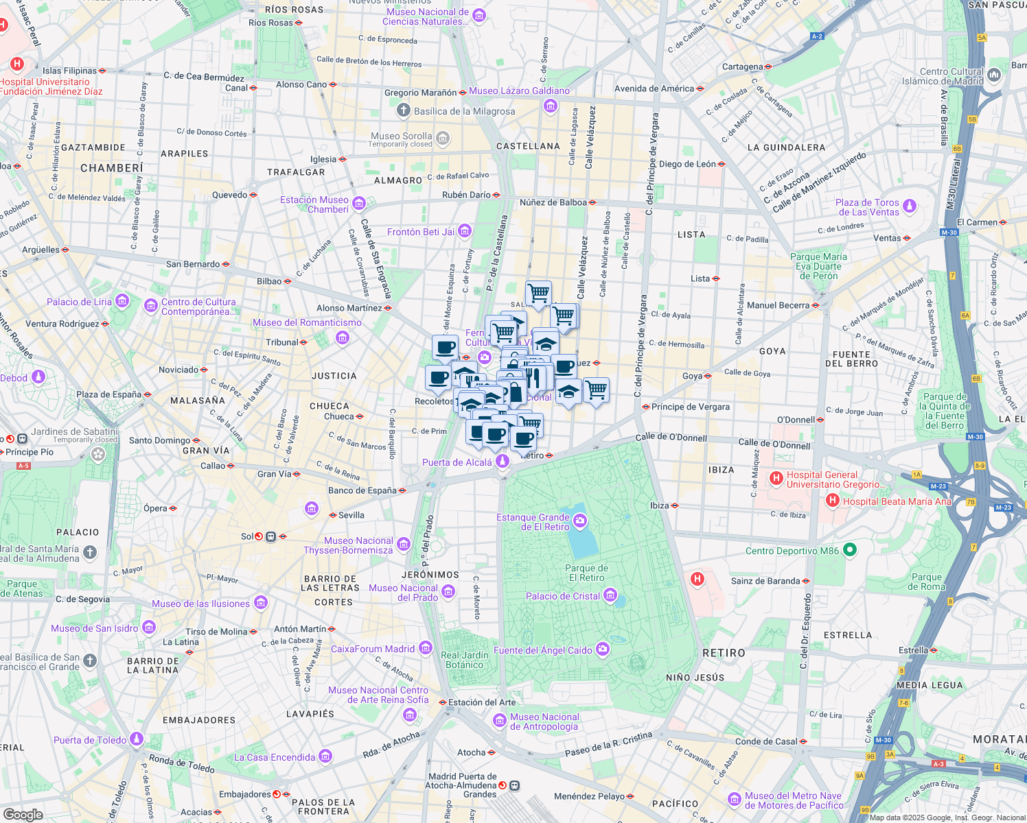 map of restaurants, bars, coffee shops, grocery stores, and more near 16 Calle de Serrano in Madrid