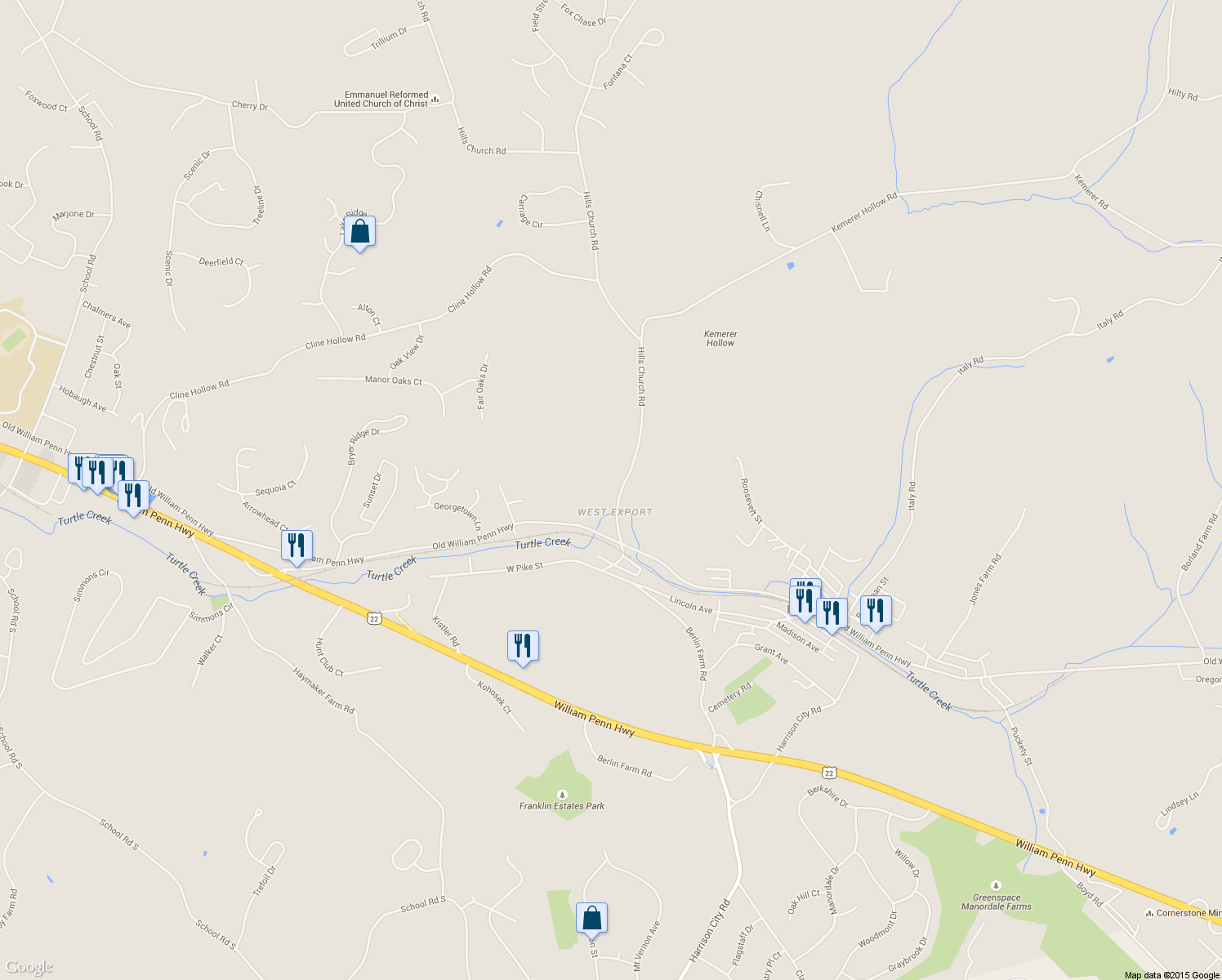 map of restaurants, bars, coffee shops, grocery stores, and more near 2958 Hills Church Rd in Export