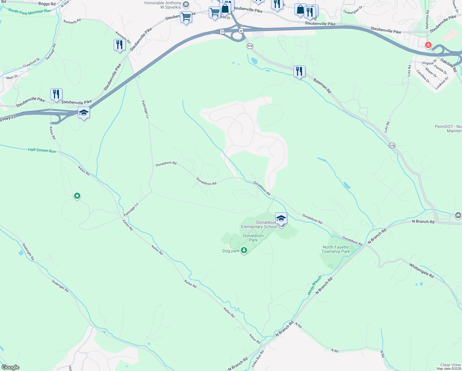 map of restaurants, bars, coffee shops, grocery stores, and more near 532 Donaldson Rd in Oakdale