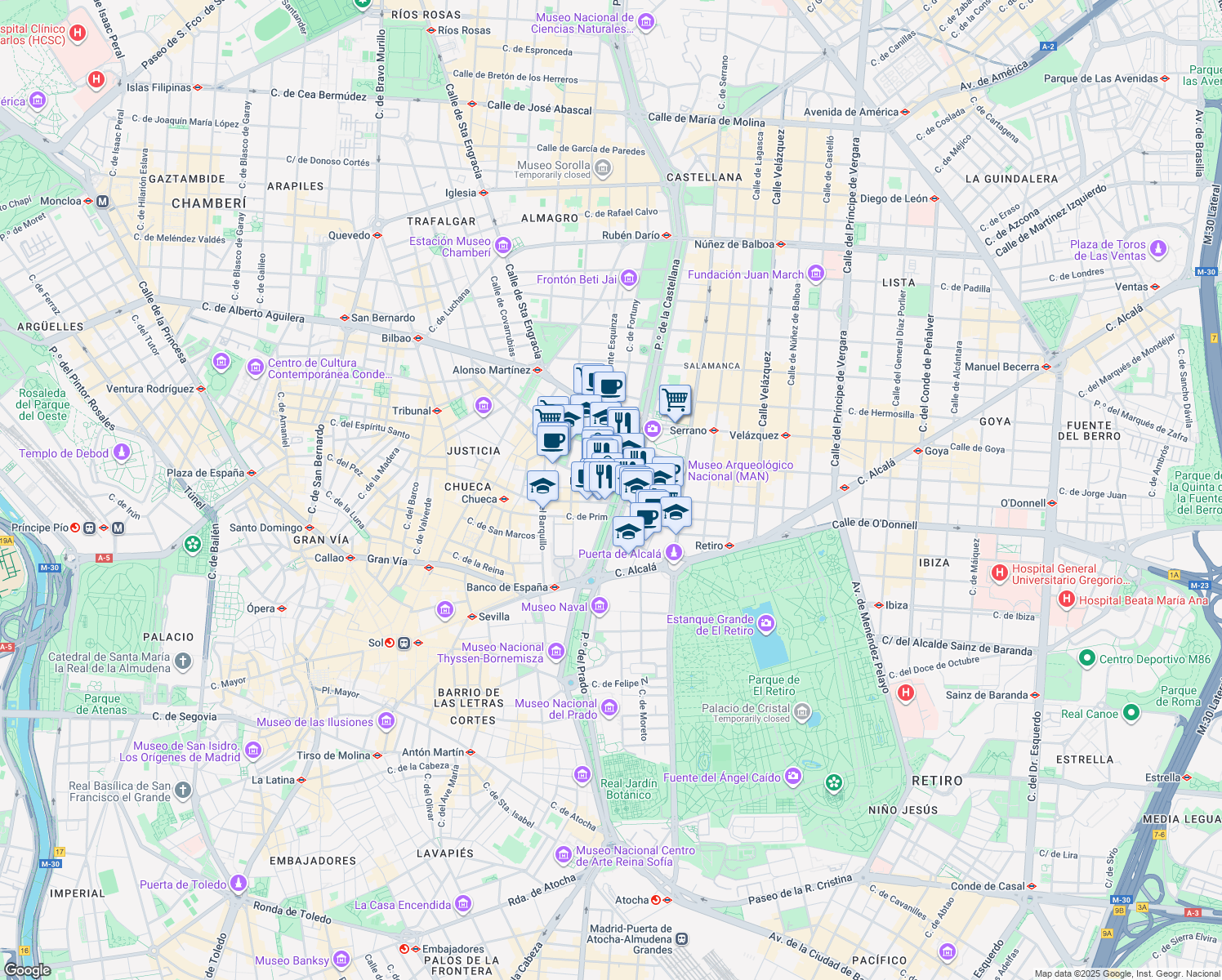 map of restaurants, bars, coffee shops, grocery stores, and more near 25 Paseo de Recoletos in Madrid