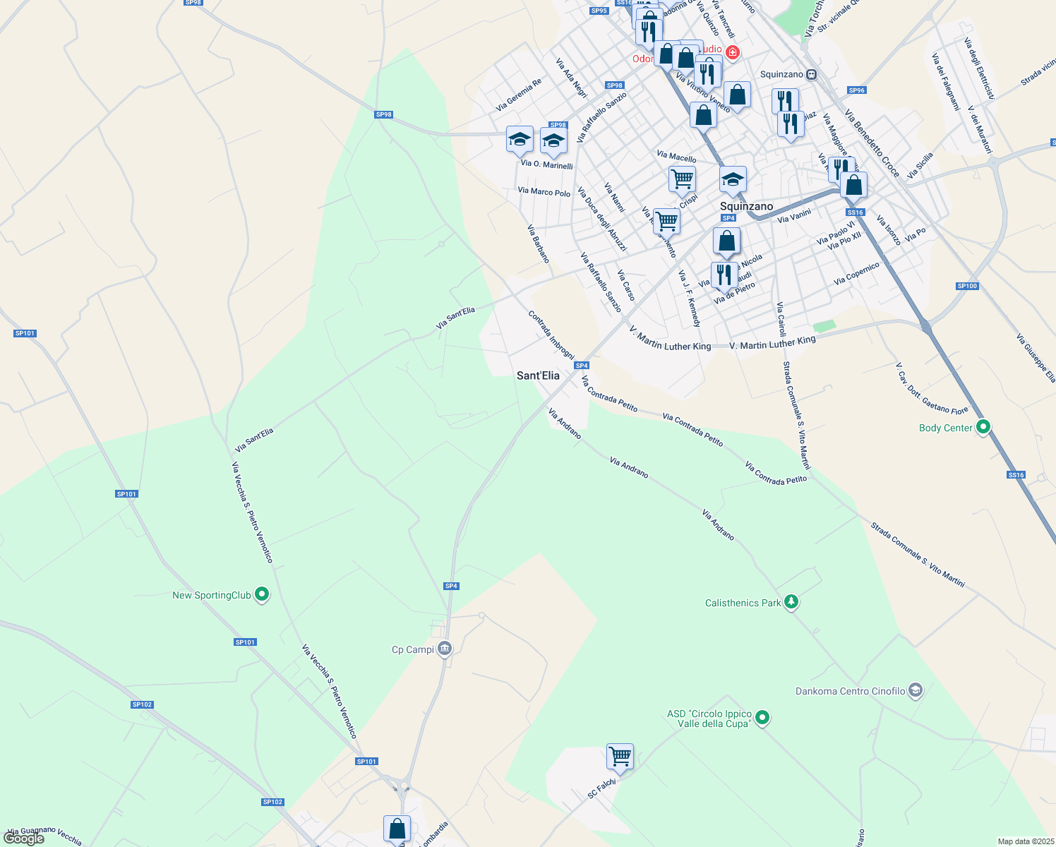 map of restaurants, bars, coffee shops, grocery stores, and more near 14 SP4 in Provincia di Lecce