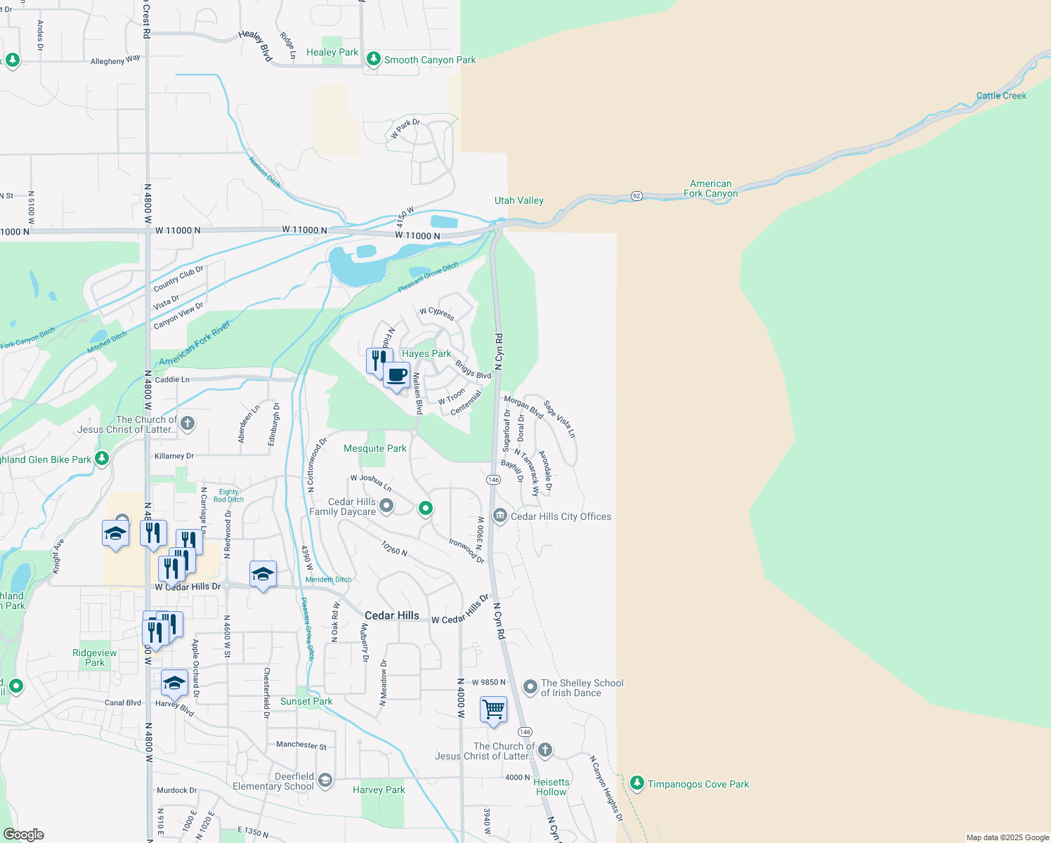 map of restaurants, bars, coffee shops, grocery stores, and more near 10514 Doral Drive in Cedar Hills