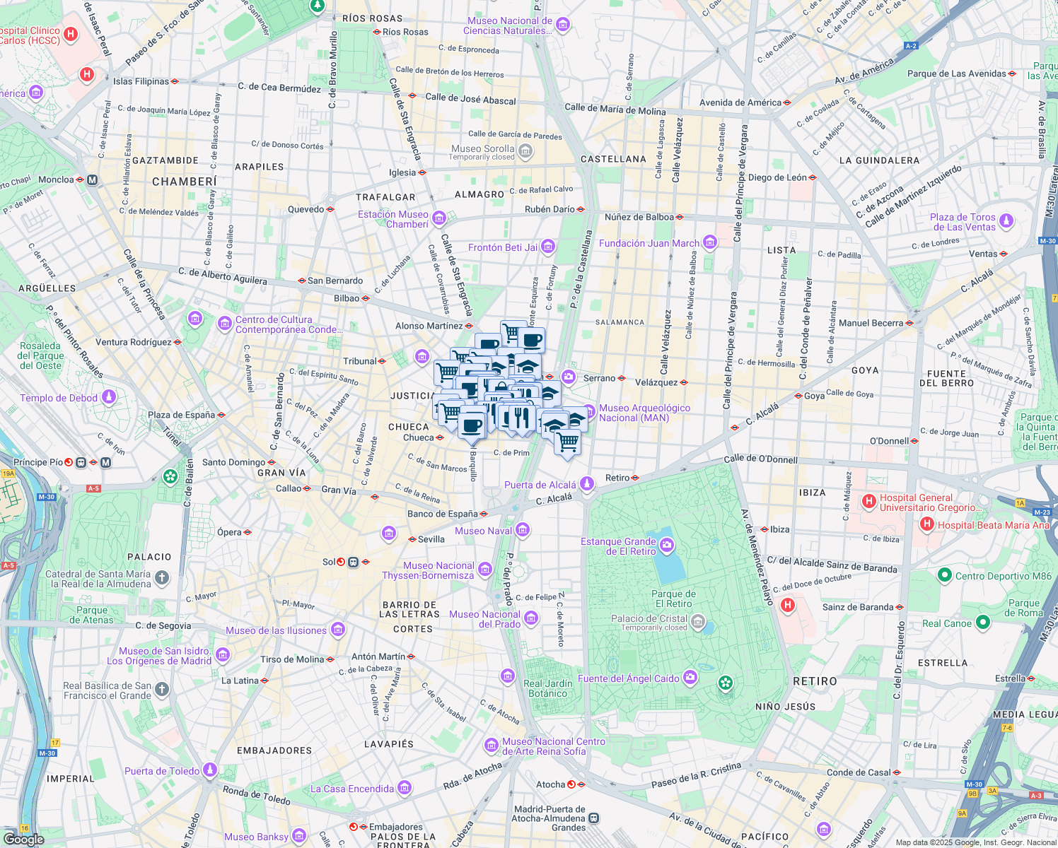 map of restaurants, bars, coffee shops, grocery stores, and more near 14 Calle de Bárbara de Braganza in Madrid