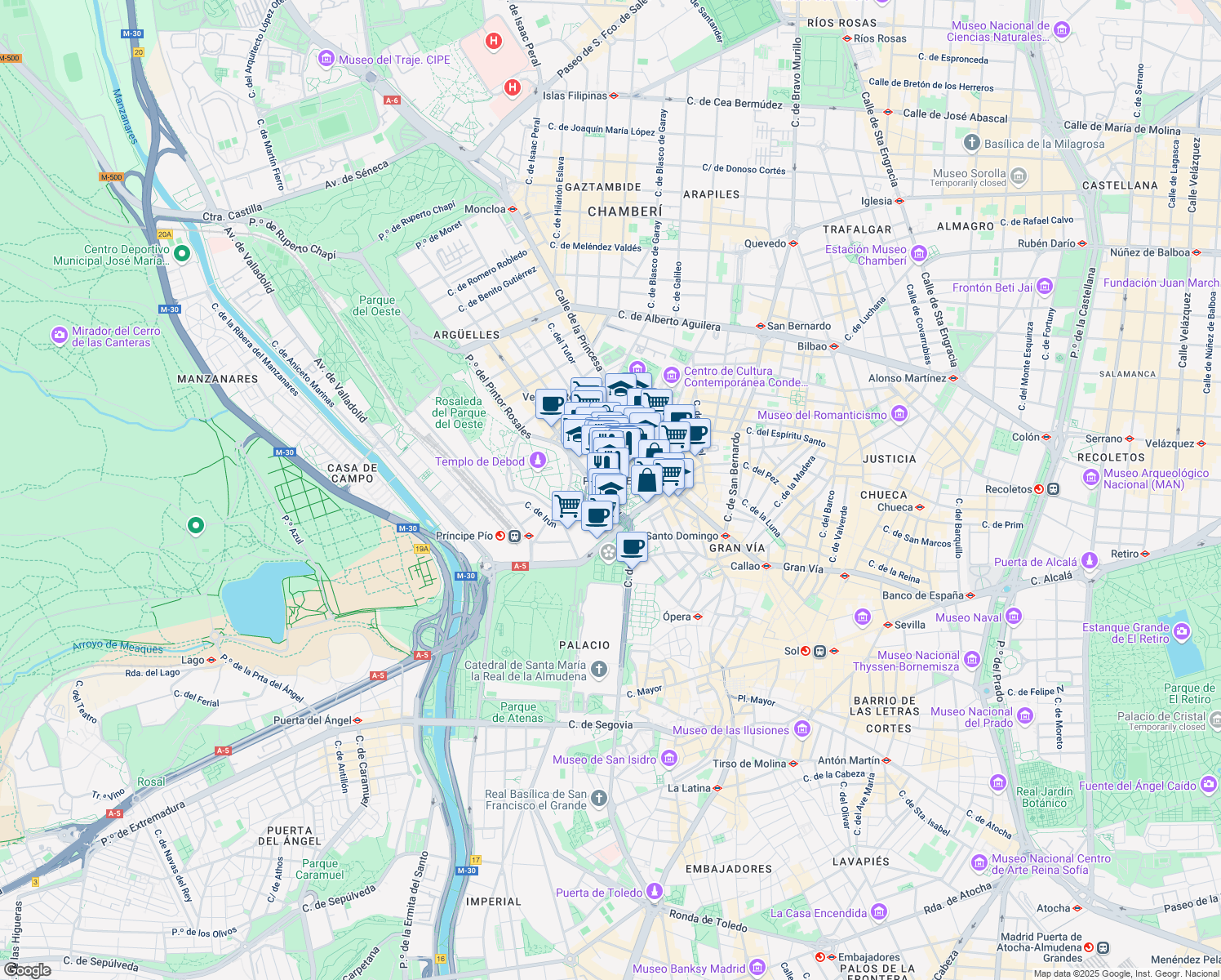 map of restaurants, bars, coffee shops, grocery stores, and more near 360 Plaza de España in Madrid