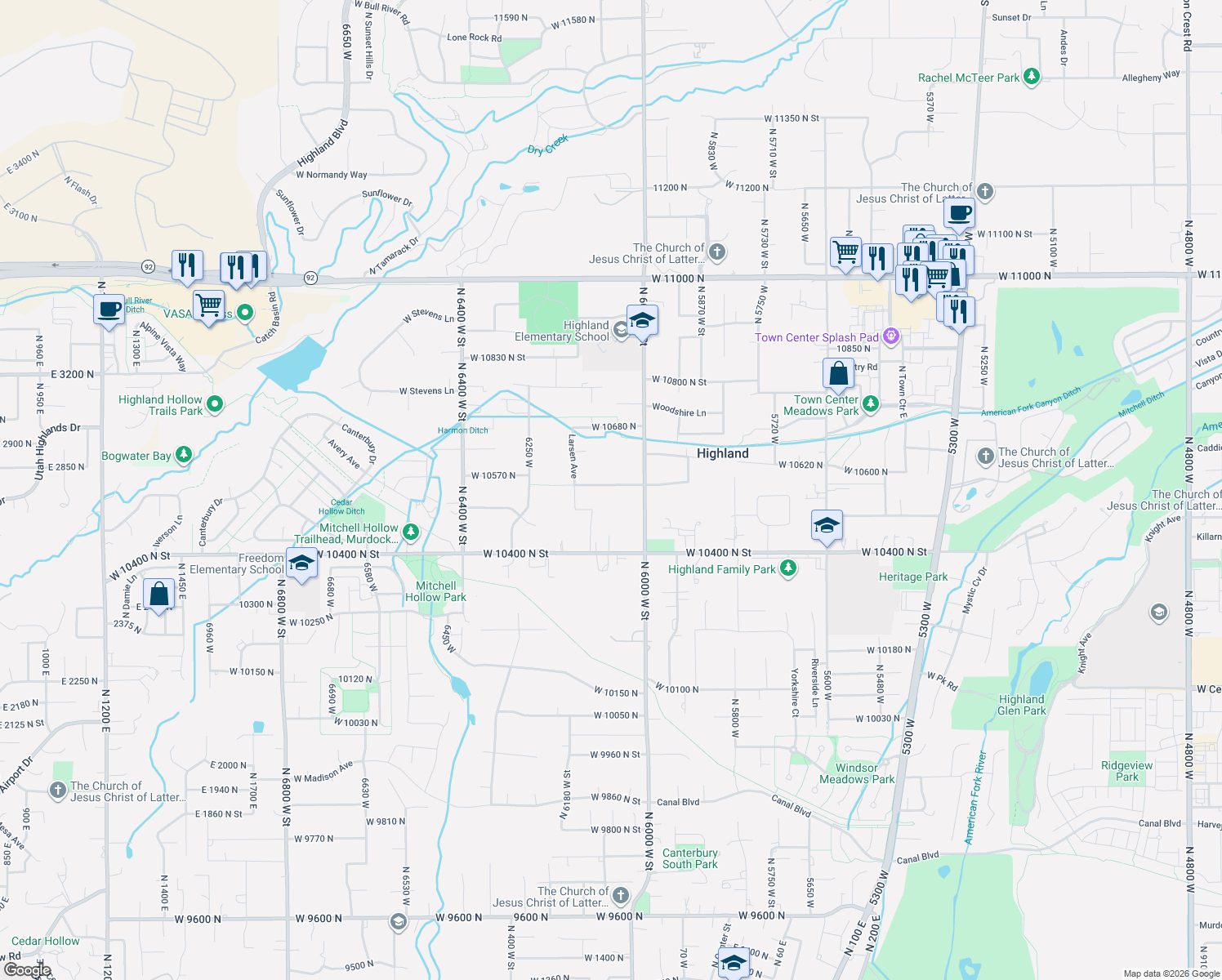 map of restaurants, bars, coffee shops, grocery stores, and more near 6077 West 10550 North in Highland