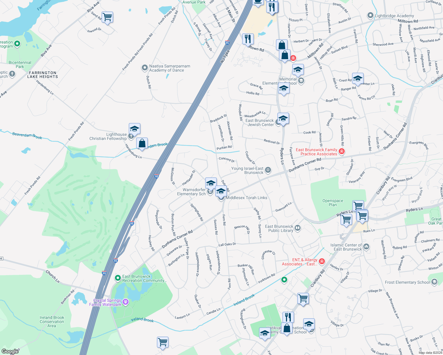 map of restaurants, bars, coffee shops, grocery stores, and more near 1 Putnam Road in East Brunswick
