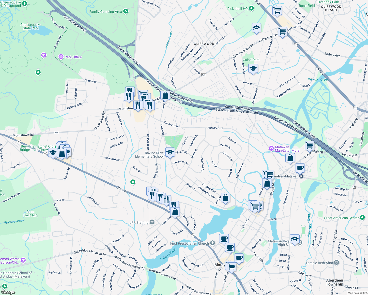 map of restaurants, bars, coffee shops, grocery stores, and more near 4 Fawn Dr in Matawan