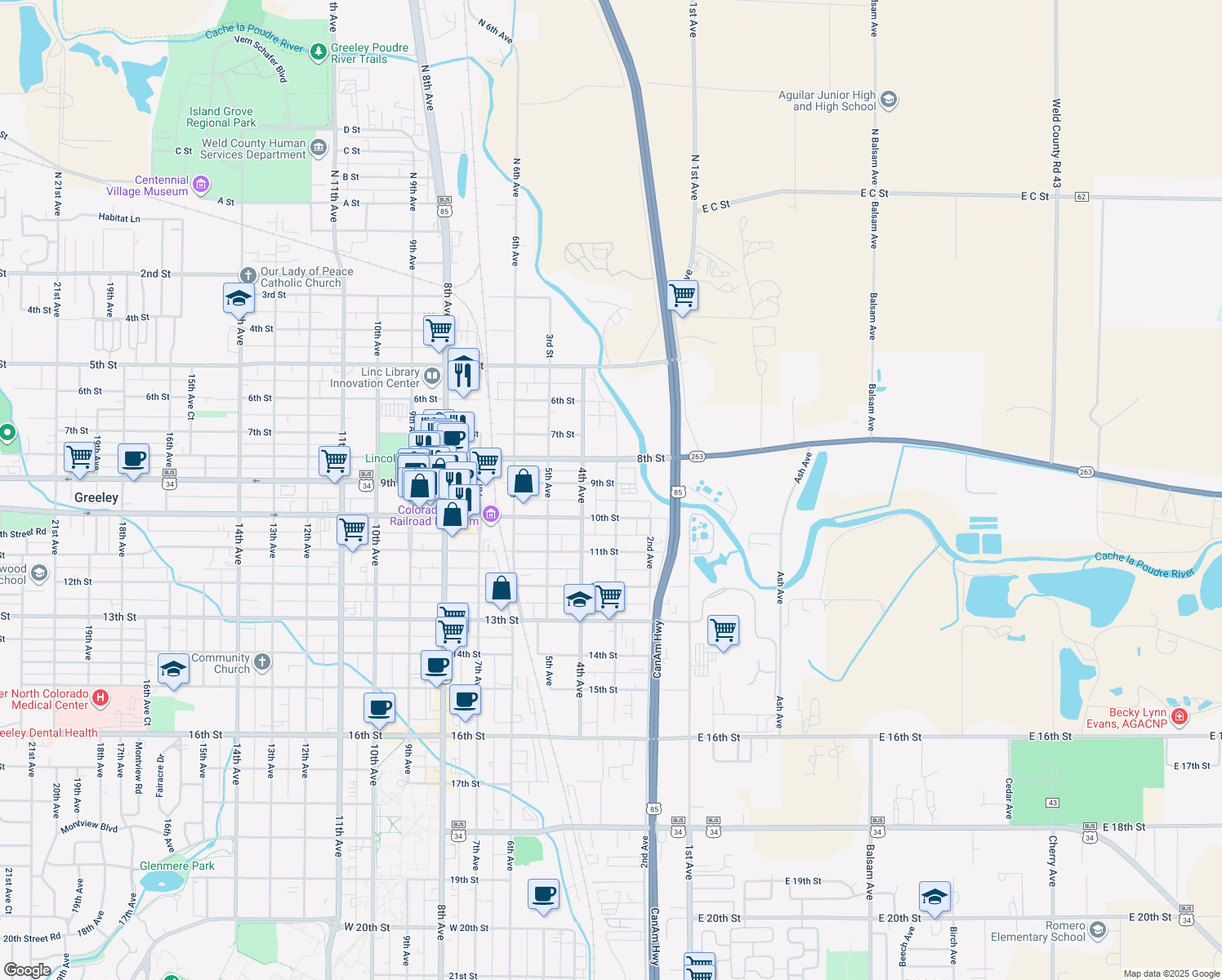 map of restaurants, bars, coffee shops, grocery stores, and more near 901 3rd Avenue in Greeley