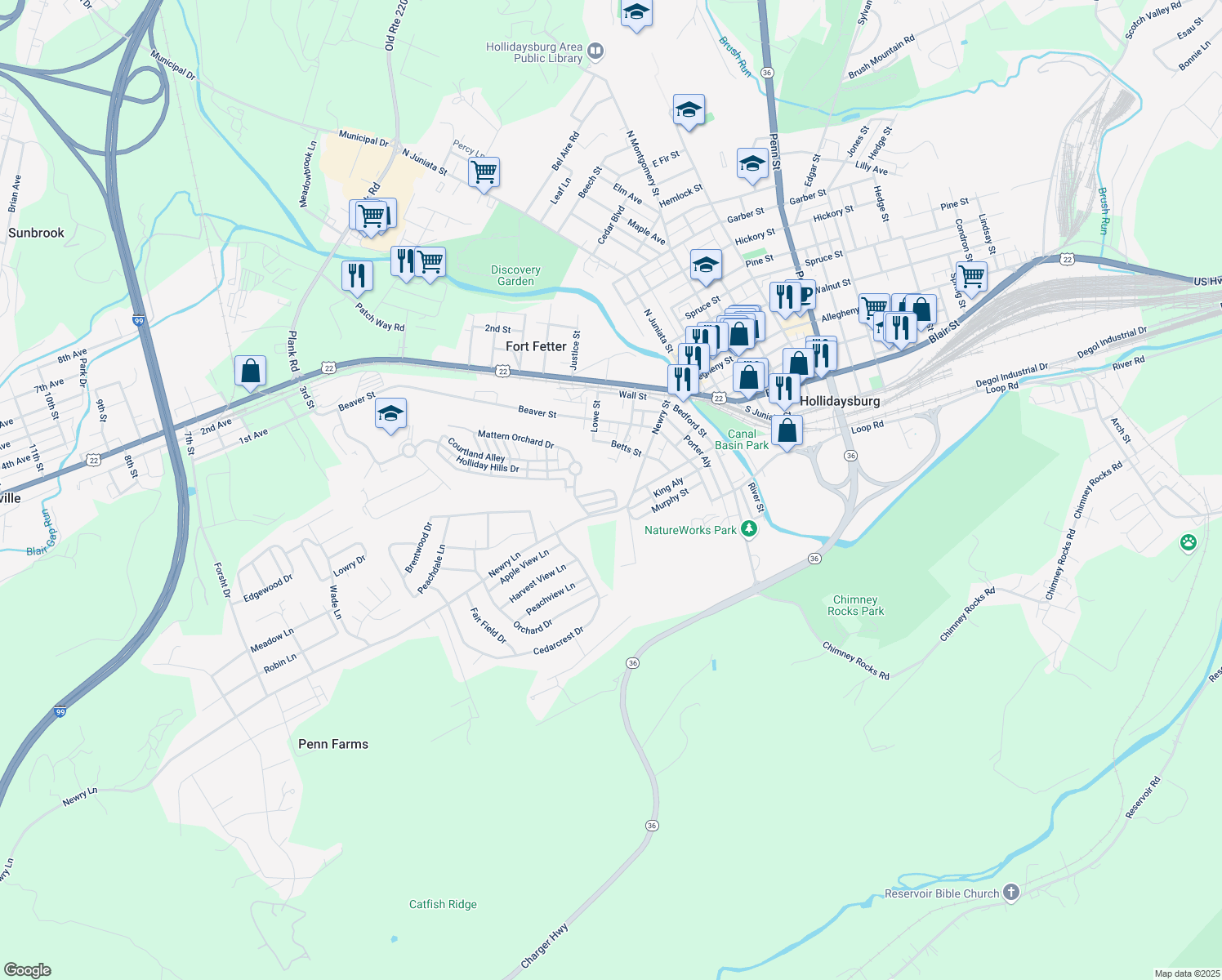 map of restaurants, bars, coffee shops, grocery stores, and more near Northstar Alley in Hollidaysburg