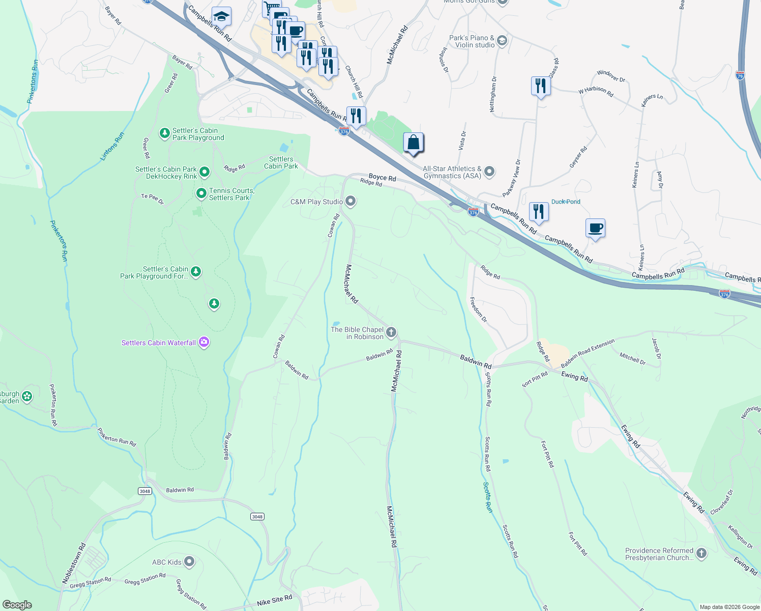 map of restaurants, bars, coffee shops, grocery stores, and more near 176 McMichael Rd in Carnegie