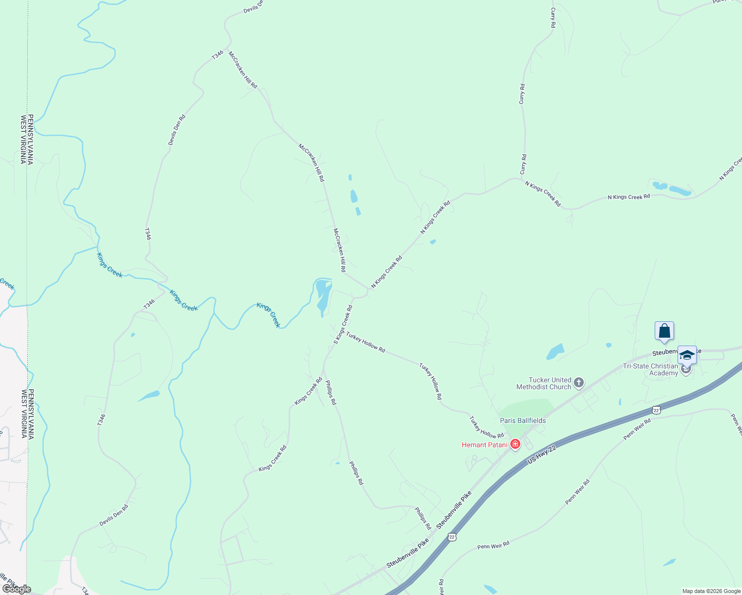 map of restaurants, bars, coffee shops, grocery stores, and more near 18 North Kings Creek Road in Burgettstown