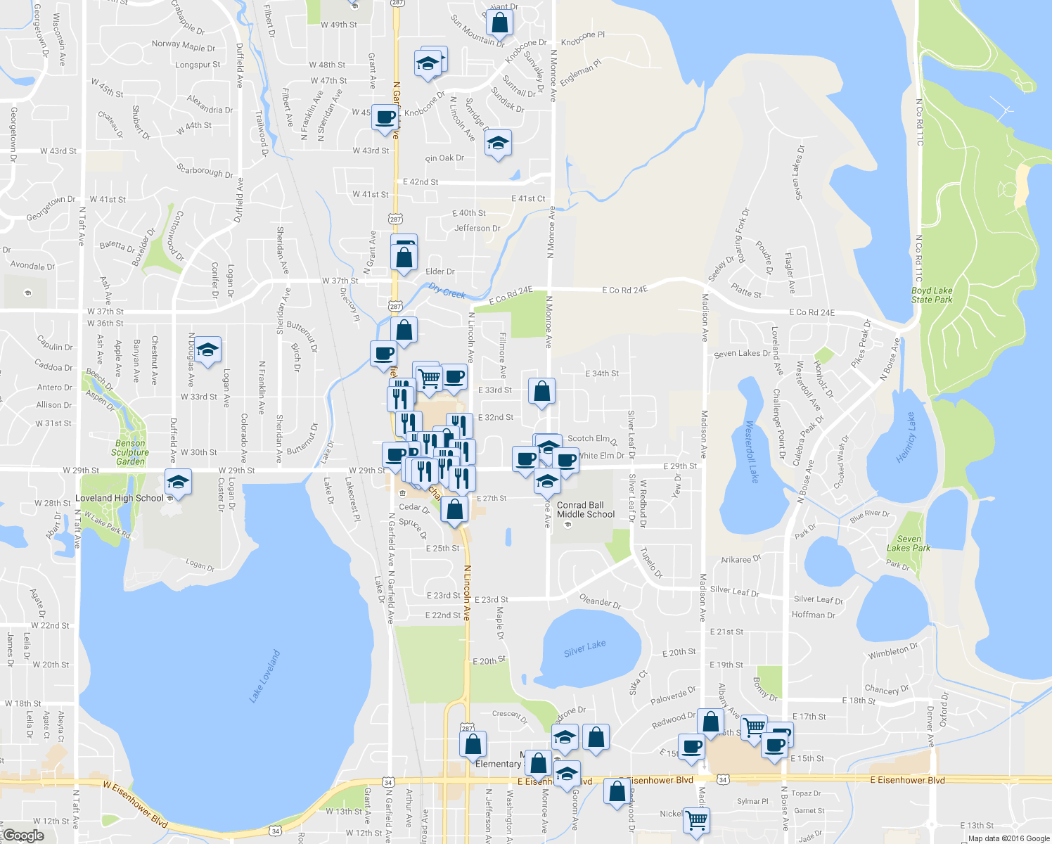 map of restaurants, bars, coffee shops, grocery stores, and more near 503 Honey Locust Drive in Loveland